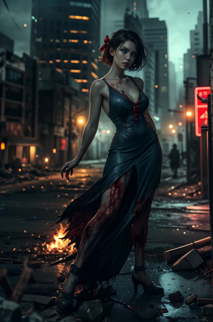 40_Zoey olderv2,Zombie,dynamic angles,masterpiece,(detailed),(detailed skin),short hair,a red bow in her hair,blue eyes,wearing a cute dress,outdoors,solo,breasts,cleavage,collarbone,lips,in an apocalyptic city,extremely detailed 8K,smooth,high resolution,ultra quality,highly detailed,perfect eyes,both eyes are the same,hd,2k,4k,8k,16k,(((full body))),(((action poses))),(looking at viewer),vivid colors,volumetric lighting,volumetric light,hdr,ray tracing, full body