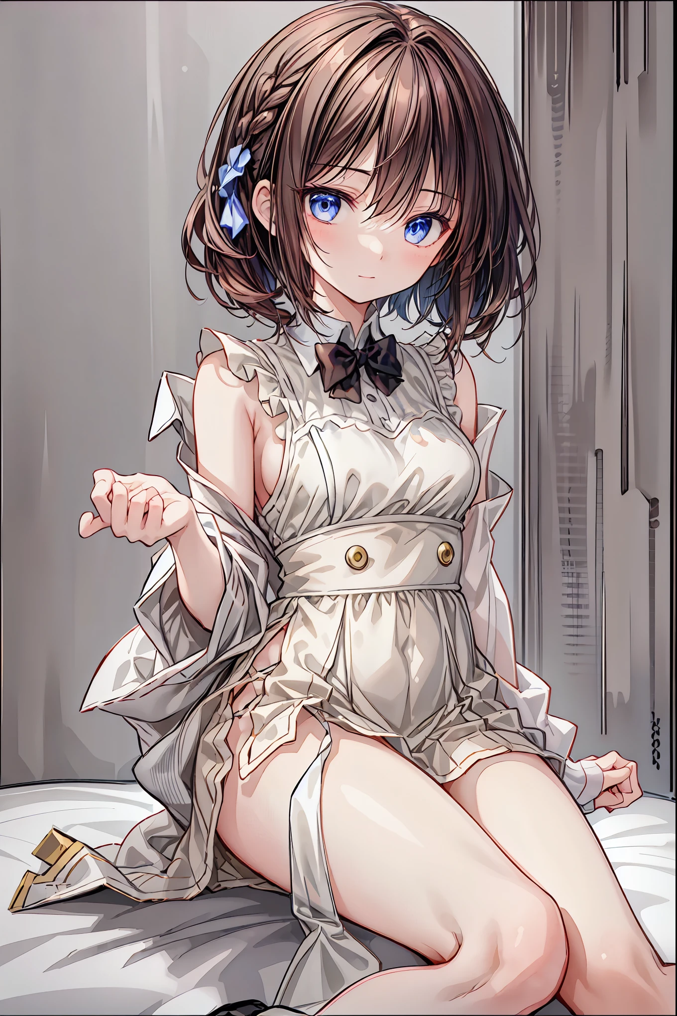 ((Masterpiece)), (((best quality))), hips wide open, ((blue colour eyes)), (((long brown hair))), (((shot White dress))), ((little girl)), (cute), (a face that looks sleepy),  ((blue silk robe)), ((only one girl))