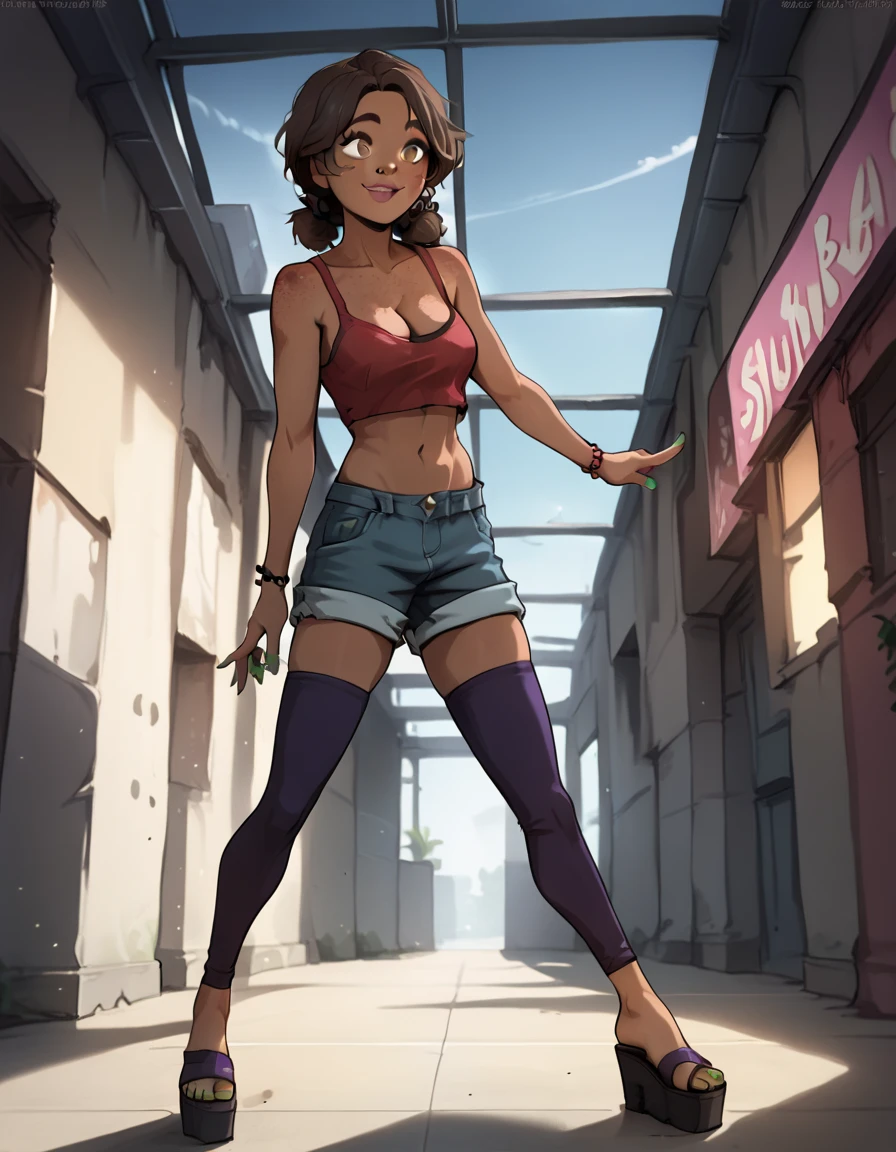 score 9, score 8, score 7, 1girl, solo, cassie, dark skin, low double bun, brown hair, brown eyes, beads bracelet, purple beads, freckles, green nails, makeup, red spaghetti top, short shorts, purple thighhighs, barefoot, open-toe platform heels, happy, abandoned mall, cleavage 