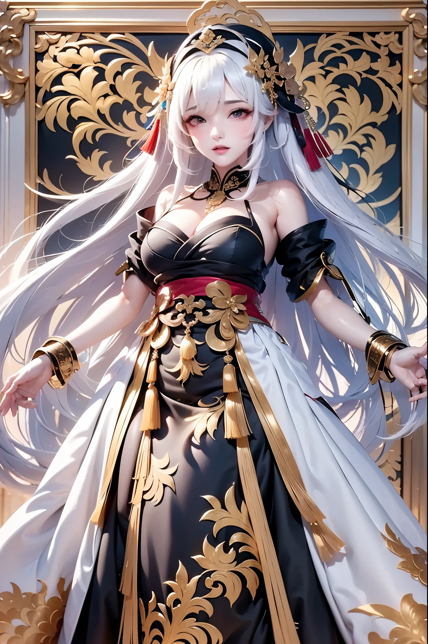 full body image:1.5, super high quality, masterpiece, Perfect illustration, Very detailed:1.6,　white barance, 1girl, 23 years old, cute girl, white hair, sharp and big beautiful eyes, medium breasts, bright skin. fantasy royalty, onmyoji, majesty, asian dress. black and gold clothes. simple background, white background, white dust. hanbok、Chinese royal clothing,
