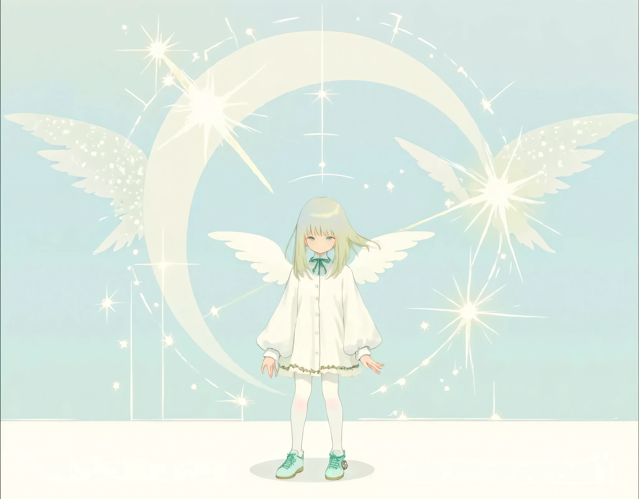 masterpiece, white silhouette art , white shrine maiden with angel wings , she is jumping softly, flower silhouette ,Beautiful design, angelic atmosphere , bright image, glittering particles, shiny, soft color, kawaii anime, cute illustration, angell dust falling, fancy style,