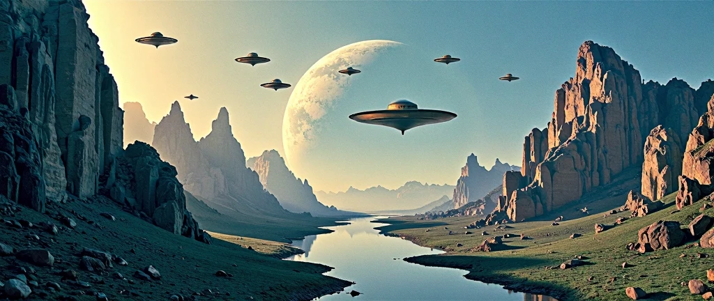 The image depicts a surreal extraterrestrial landscape with a river, mountains, and a large planet in the background. There are several UFOs flying above the landscape, creating a futuristic and otherworldly atmosphere.