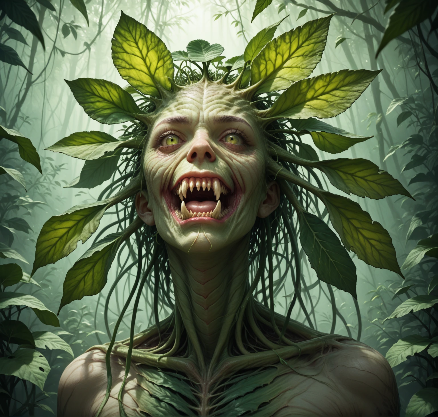 Perfect female body, highly detailed and realistic anatomy, with a carnivorous plant head, the plant’s sharp, vivid, and menacing teeth visible, vibrant green leaves, and tendrils framing the face, hyper-realistic details, surreal atmosphere, high resolution, soft lighting, dramatic contrast between the natural human body and the plant head, digital art, ultra-quality, highly detailed textures, dark and moody ambiance, detailed veins on the plant's leaves, dynamic lighting with deep shadows