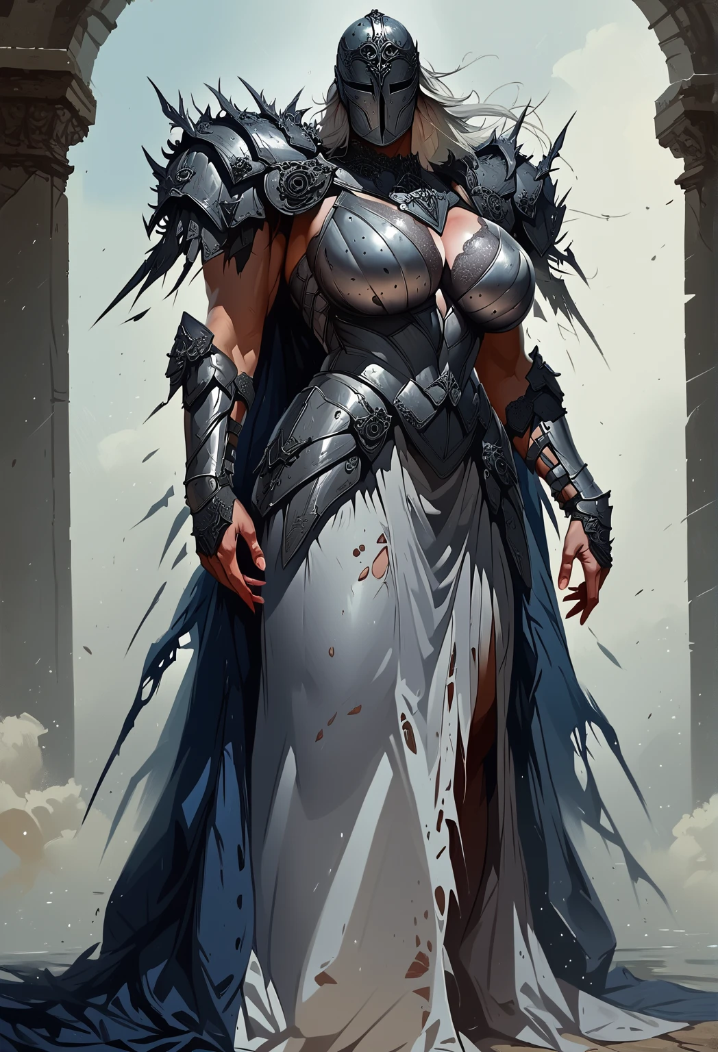 A mid angle portrait of a mature, older woman, muscular woman, amazonian woman, mature woman, milf,. She is wearing  arm0rs3nt1n3l, full body shot, solo, 1woman, silver gothic armor, blue cape, torn cape, silver knight armor, gothic helmet, holding weapon, Long cape. Muscular, toned, buff,  huge breasts,   High quality, best quality, high resolution, detailed, high detail, hyper detailed.