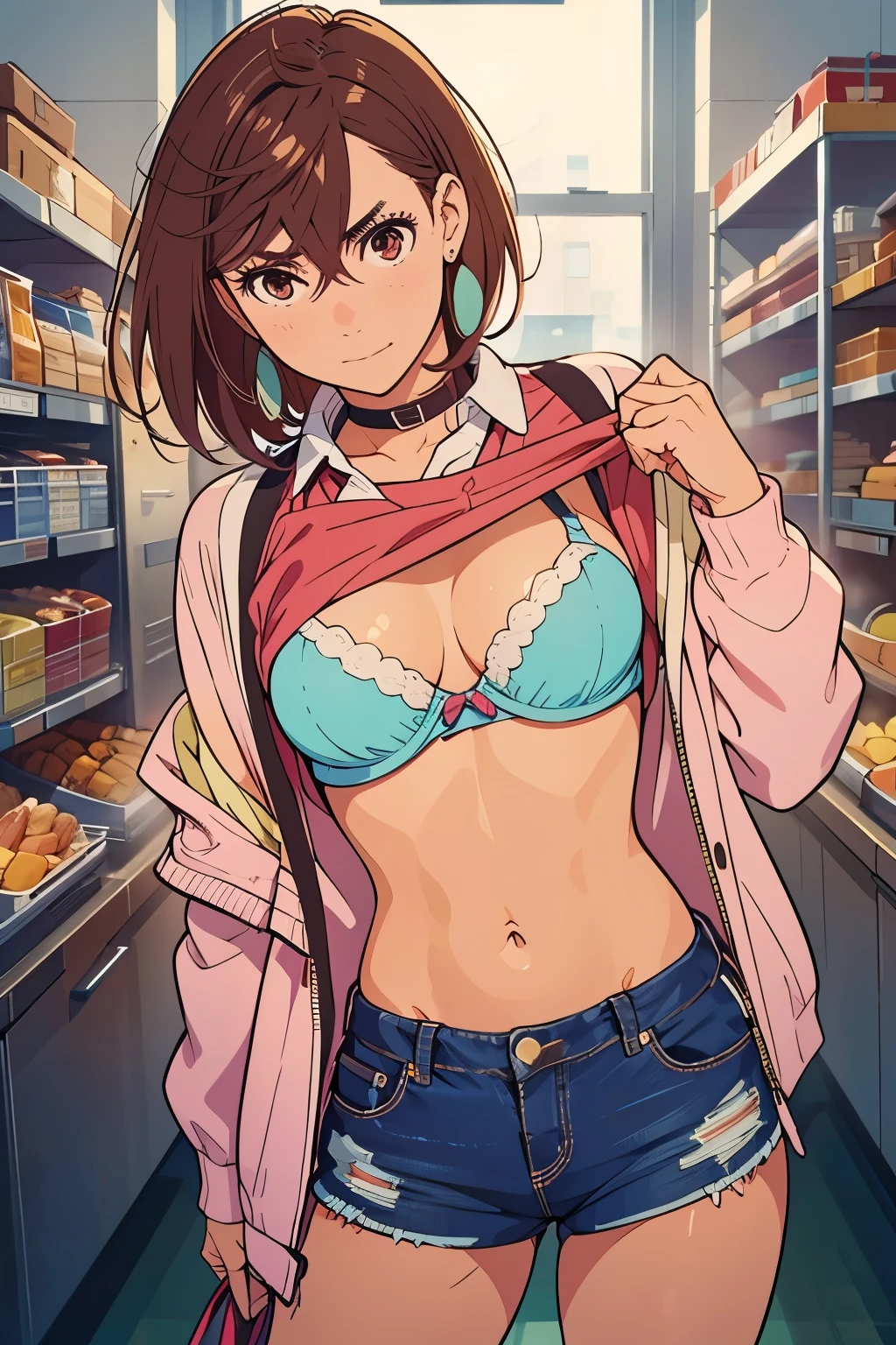 Momo Ayase , short hair, brown hair, Biting the shirt , Lifting up the shirt showing the bra.