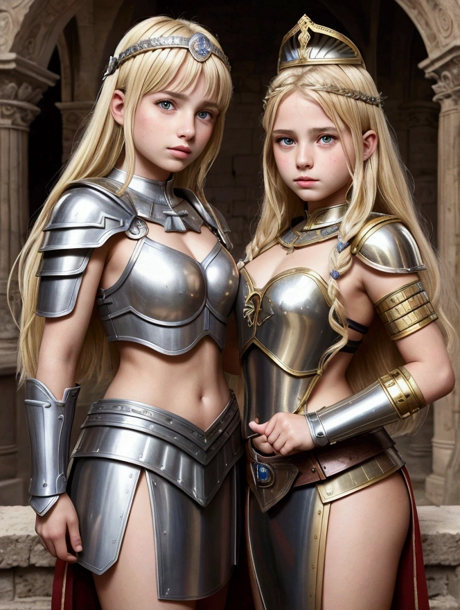 mother and daughter portrait break:  girl, roman warrior, princess blade , 14 yenager girl, small breasts, mini cropped, valkyrian princess ,blonde, detailed face, beautiful, break: mature woman, roman warrior, queens blade , middle age, blonde, detailed face, curvy, fighter position, background in uk land nsfw soft 