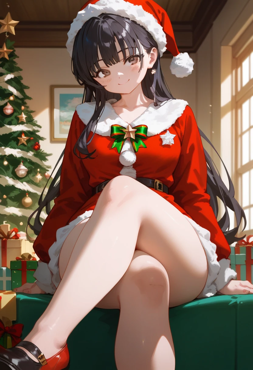 (A superb exquisite Chitanda Eru), purple eyes, long black hair, natural straight hair, straight bangs, solo, full body, [Small_breasts: large_breasts: 0.5], normal breasts, (santa hat, christmas tree, presents), (sitting cross-legged on santa chair), extremely delicate, peerless beautiful girl, dreamy quality, exaggerated facial features, solid color, delicate face, bright lips, slender waist, soft curves, real light and shadow, super fine, 8K HD, natural movinasterpiece:1.4), (finely detailed beautiful eyes: 1.2), (( face))