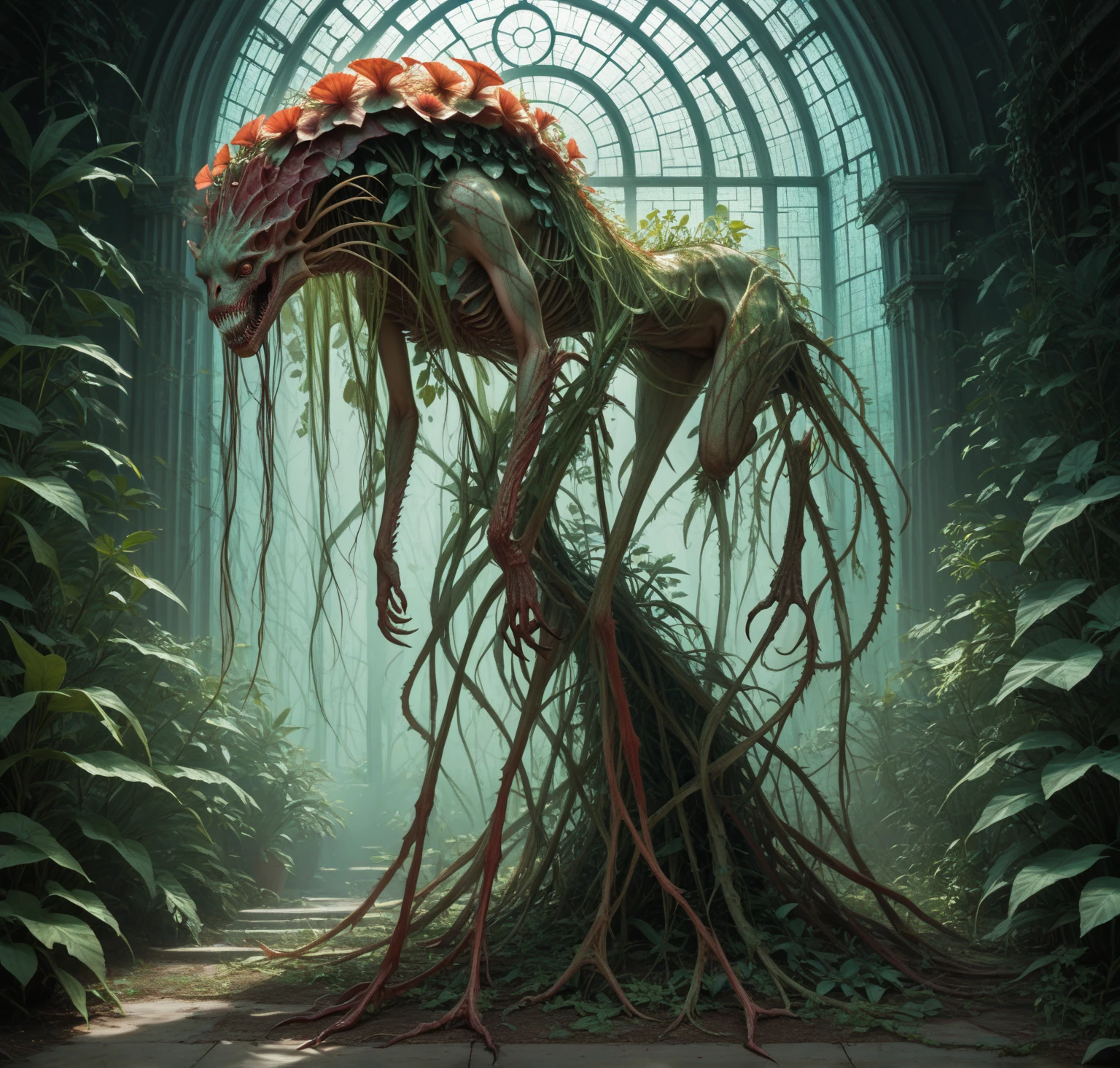 Full-body photo of a perfect human female body with generous curves, standing confidently, with the head of a carnivorous plant, such as a Venus flytrap, highly detailed, realistic anatomy, hyper-realistic, ultra-quality, detailed textures, intricate plant features, vibrant colors, soft lighting, natural skin tones, striking contrast between the human body and plant head, sharp focus, high resolution, dramatic lighting, surreal yet elegant atmosphere