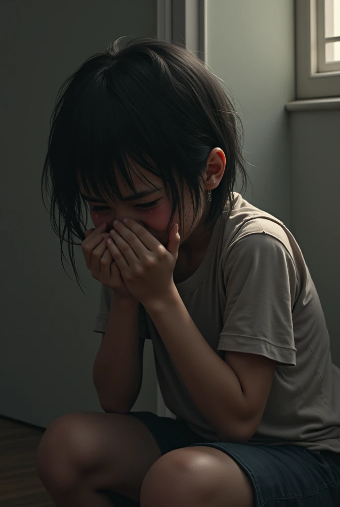 A ,Hide in a corner,Eyes filled with tears ,realistic face, facing the camera,medium long shot