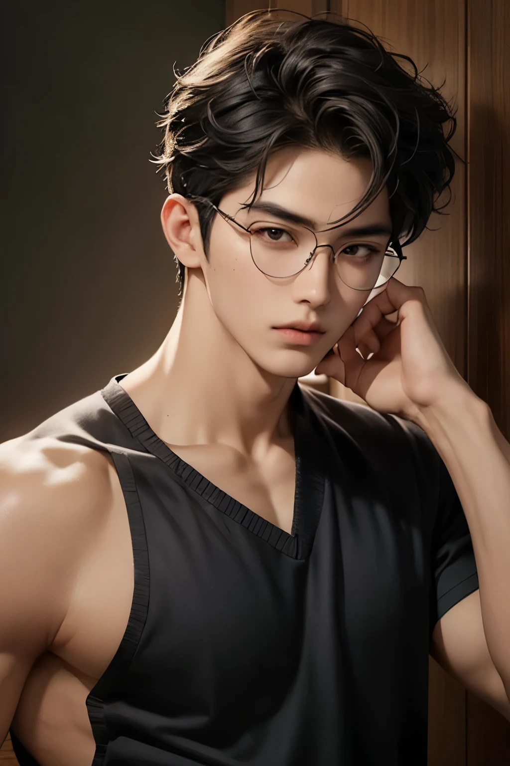 Bust photo,Glasses man,A photo of the front ID,smooth jaw,White lace bra,比基尼,Hermaphroditic men,with fair skin,White lips,eye glass,The light is even,with a pure white background,plain face,korean people,male people,nakeness,Smooth shoulders,鎖骨,Turn Back,Short broken hair,Youth,cool guy,18yr old,scowling,cool guy,Slim young handsome guy,