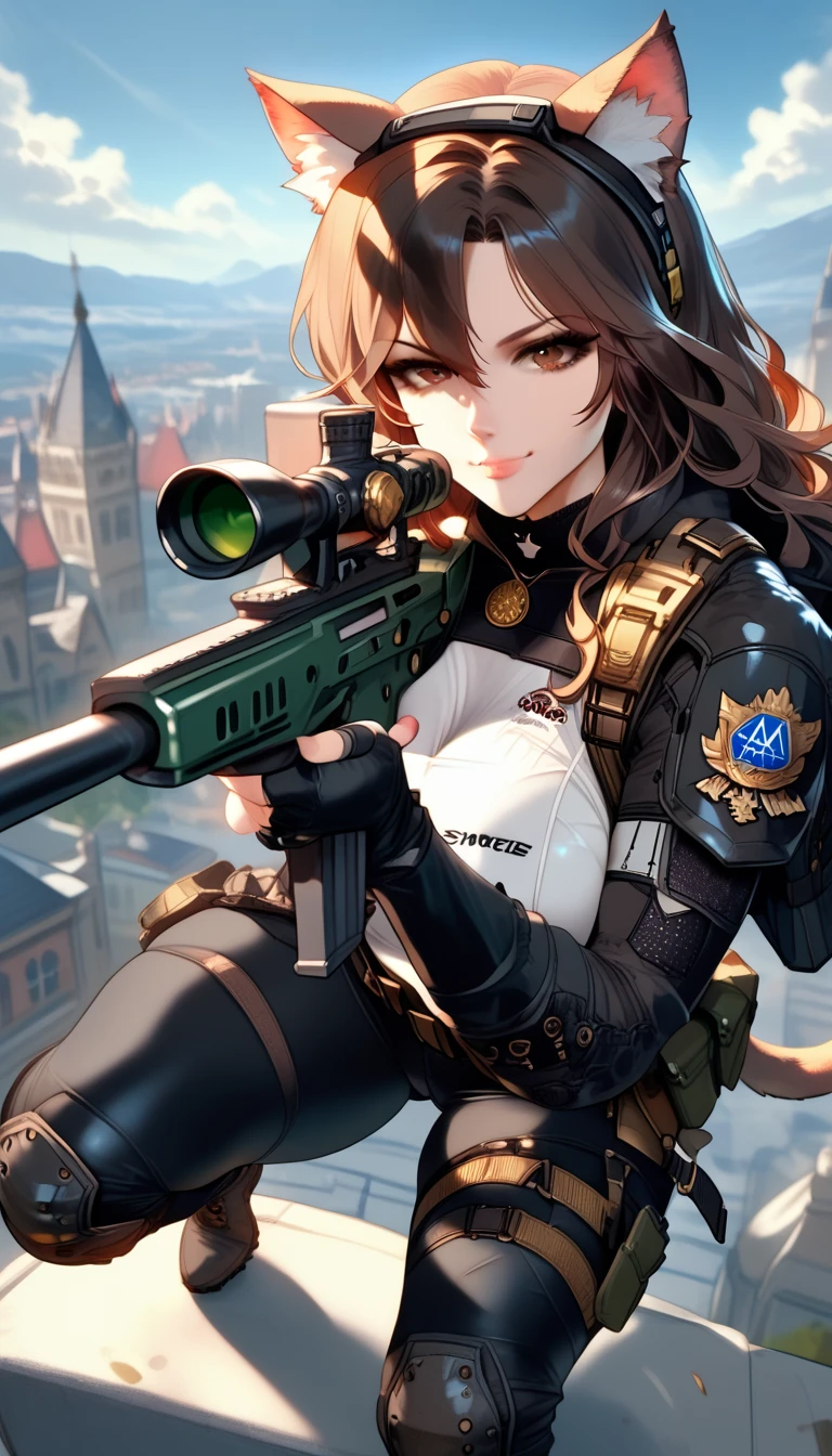 ultra-detailed, 1girl, solo, ((masterpiece)), (best quality), (highres), 16K, cat ears, cat tail, animal ears, brown eyes, brown hair, long hair, wearing tactical clothes, fingerless gloves, tactical belt, knee pads, black panties, boots, busty body, large breasts and a beautiful ass, showcasing cleavage, legs, hips, (holding Sniper Rifle), looking at viewer, smile, detailed face, detailed hair, detailed full body, rooftop background