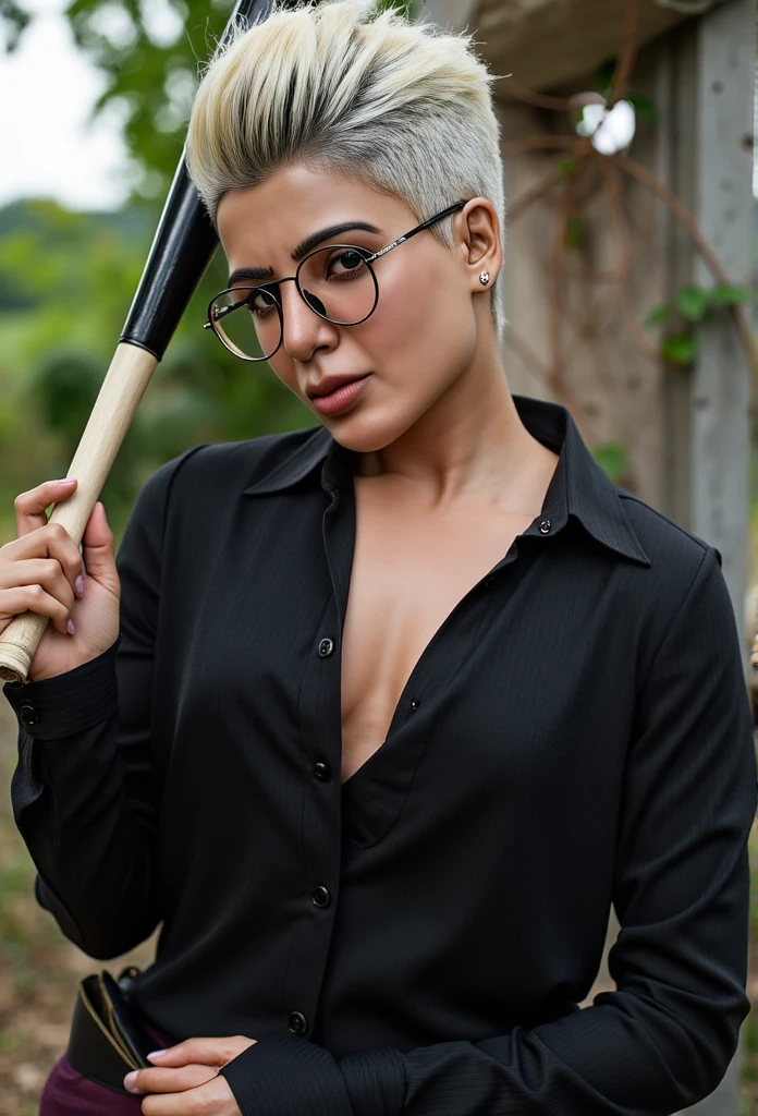 white hair , top side hair , short shirt , round glasses , basevall bat in the hand , full view , v shape shirt , showing Breasts, 