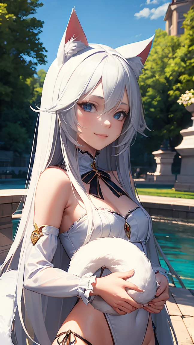 (masterpiece:1.2), (best quality:1.2), 1girl, medium breasts, black ribbon, white hair, long hair, high ponytail, crystal necklace, blue pupils, smile, looking at viewer, white summer dress, white stockings, black thong,
 <lora:windLift_v11:1>, wind lift,
standing on the bridge, river flowing through the valley, cloud, a castle at distance,