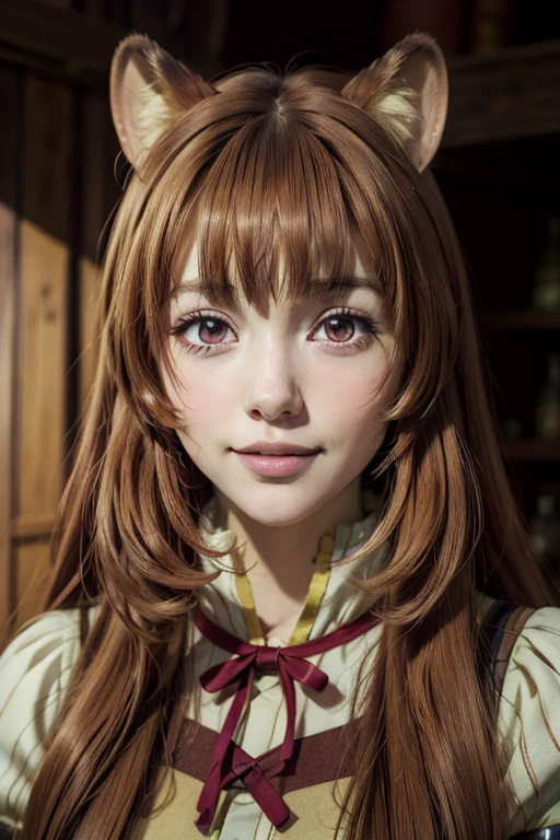 Raphtalia long brown hair ,  beautiful face , Sonrisa ligera, reddish eyes, cola, ( masterpiece:1.2),  best quality, absurdities,  extremely faint wallpaper,  perfect lighting,  raccoon ears , hyperrealistic artwork