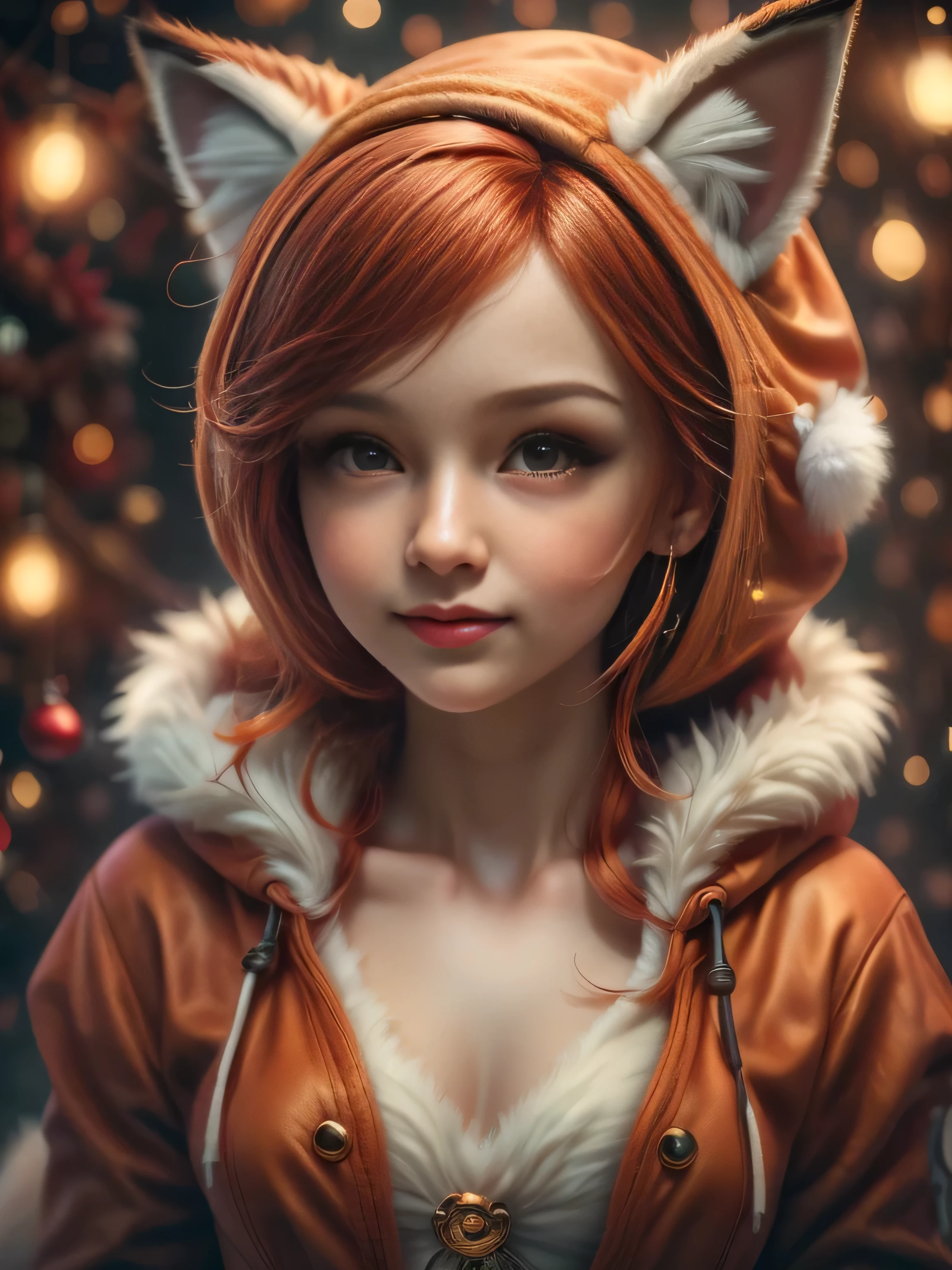 (Best Quality, Super Detail, Masterpiece, Representative Work, Official Art, Professional, Super Fine Detail, 8k:1.3), (Full Body) a doll with red hair and a fox ears, portrait of a goth foxgirl, dollpunk, artdoll, [ trending on cgsociety ]!!, beautiful young foxgirl, wlop loish and clamp style, cgsociety ), cgsociety - w 1 0 2 4 - n 8 - i, cgsociety 9, bjd,  cgsociety, Cute girly face, red hair, ((brown)) eyes, 1 girl 25 years old, fox costume, hood, fox tail, furry, girl in furry costume, Vivid colors, Red hair, Innocent expression, Playful features, Christmas background, Natural Lighting, Soft background, Photorealistic, Sparkling eyes, Sharp focus, Glowing skin, Cute and mischievous look, Hint of mischief, Dreamy atmosphere, Delicate details, Soft ambient light, (Backlight:1.3), (Cinematic:1.2), Intricate details, (ArtStation:1.3)