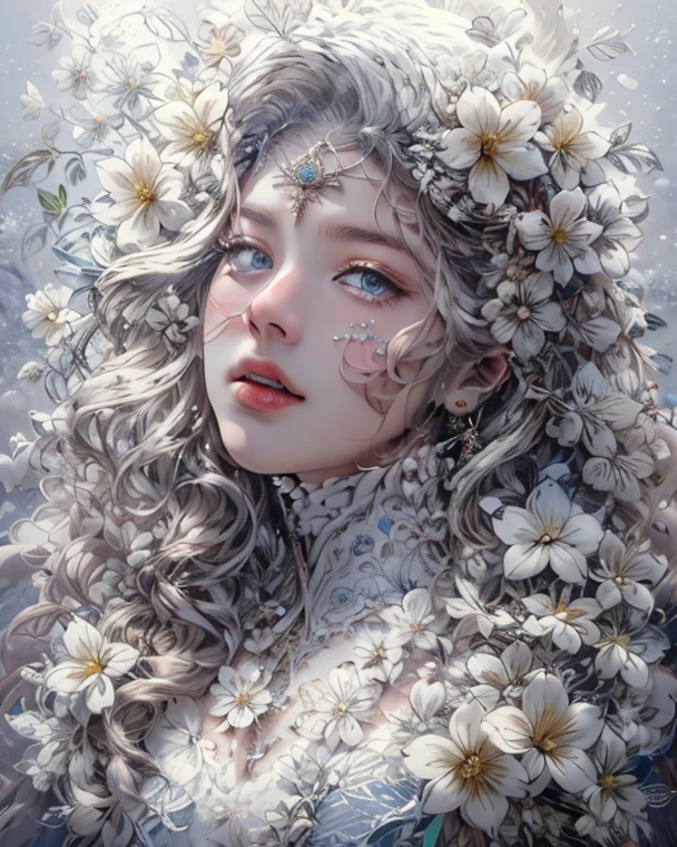 art student, ( official art ,  hair ornament  CG unity 8K wallpaper),(1 girl:1.3), beautifully detailed eyes ,  detailed fine nose ,  detailed fingers , (8K), ( best quality), (  masterpiece:1.2), ( realistic ), ( photo realistic :1.37),  hair ornament  1 snow goddess, Surrounded by white flowers and snow .,  dressed in a magnificent white dress with detailed ornaments on her head ,  hair ornament ,  Extremely detailed white hair skirt .,  long hair, (sin animals),Hermoso retrato hiperdetallado de la reina del invierno con flores hawaianas suaves y amarillas heladas en 8K de Claude Monet