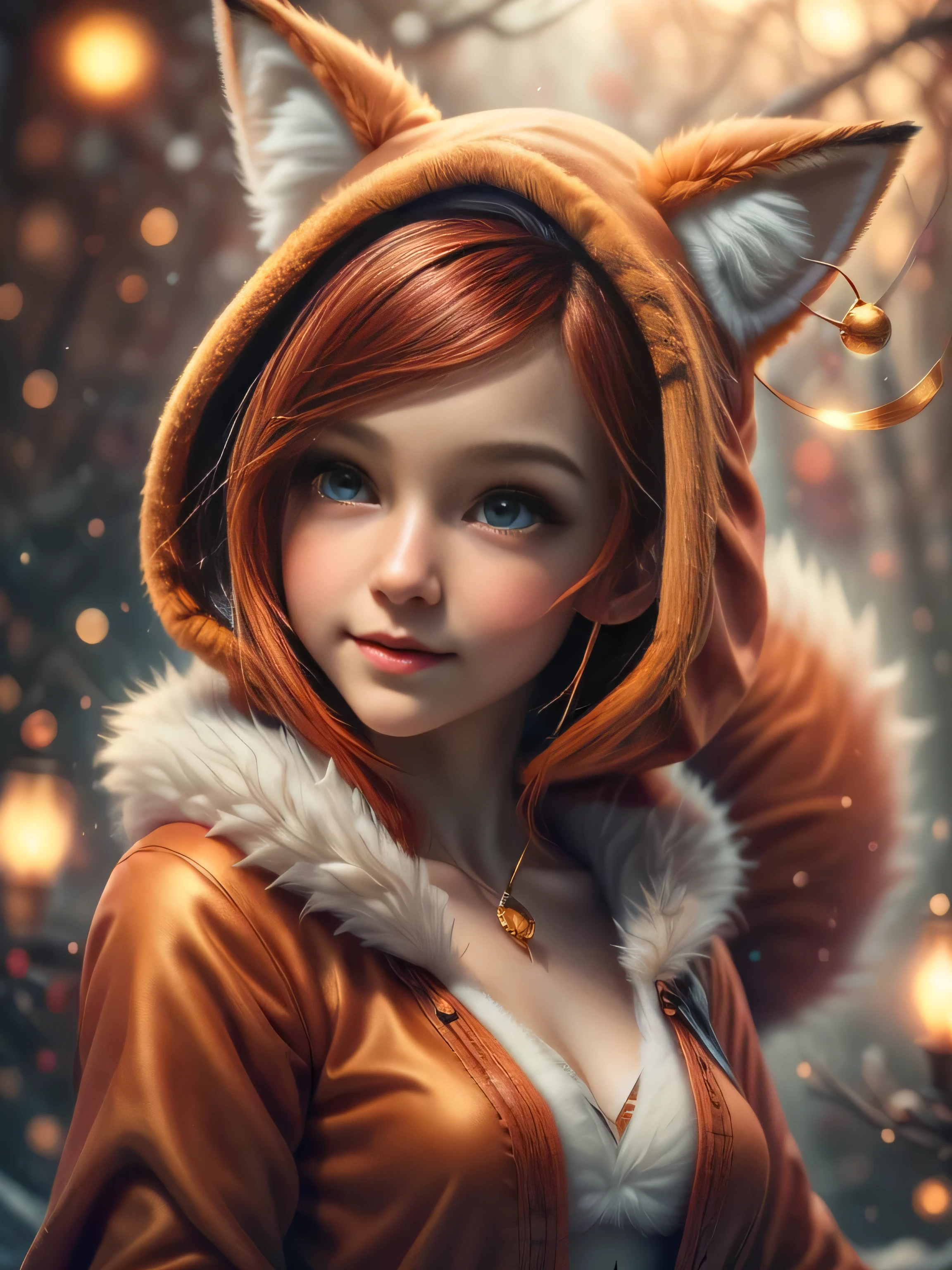 (Best Quality, Super Detail, Masterpiece, Representative Work, Official Art, Professional, Super Fine Detail, 8k:1.3), (Full Body) a doll with red hair and a fox ears, portrait of a goth foxgirl, dollpunk, artdoll, [ trending on cgsociety ]!!, beautiful young foxgirl, wlop loish and clamp style, cgsociety ), cgsociety - w 1 0 2 4 - n 8 - i, cgsociety 9, bjd,  cgsociety, Cute girly face, red hair, ((brown)) eyes, 1 girl 25 years old, fox costume, hood, fox tail, furry, girl in furry costume, Vivid colors, Red hair, Innocent expression, Playful features, Christmas background, Natural Lighting, Soft background, Photorealistic, Sparkling eyes, Sharp focus, Glowing skin, Cute and mischievous look, Hint of mischief, Dreamy atmosphere, Delicate details, Soft ambient light, (Backlight:1.3), (Cinematic:1.2), Intricate details, (ArtStation:1.3)