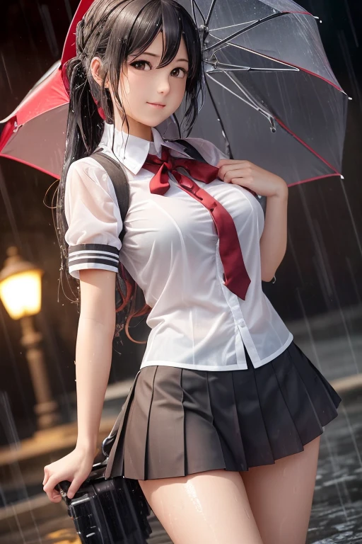 best quality, highres, absurdres, ultra-detailed, suzuya_(kancolle), 1girl, long_hair, skirt, solo, shirt, rain, wet_clothes, hair_ornament, wet, breasts, underwear, pleated_skirt, see-through, bowtie, red_bow