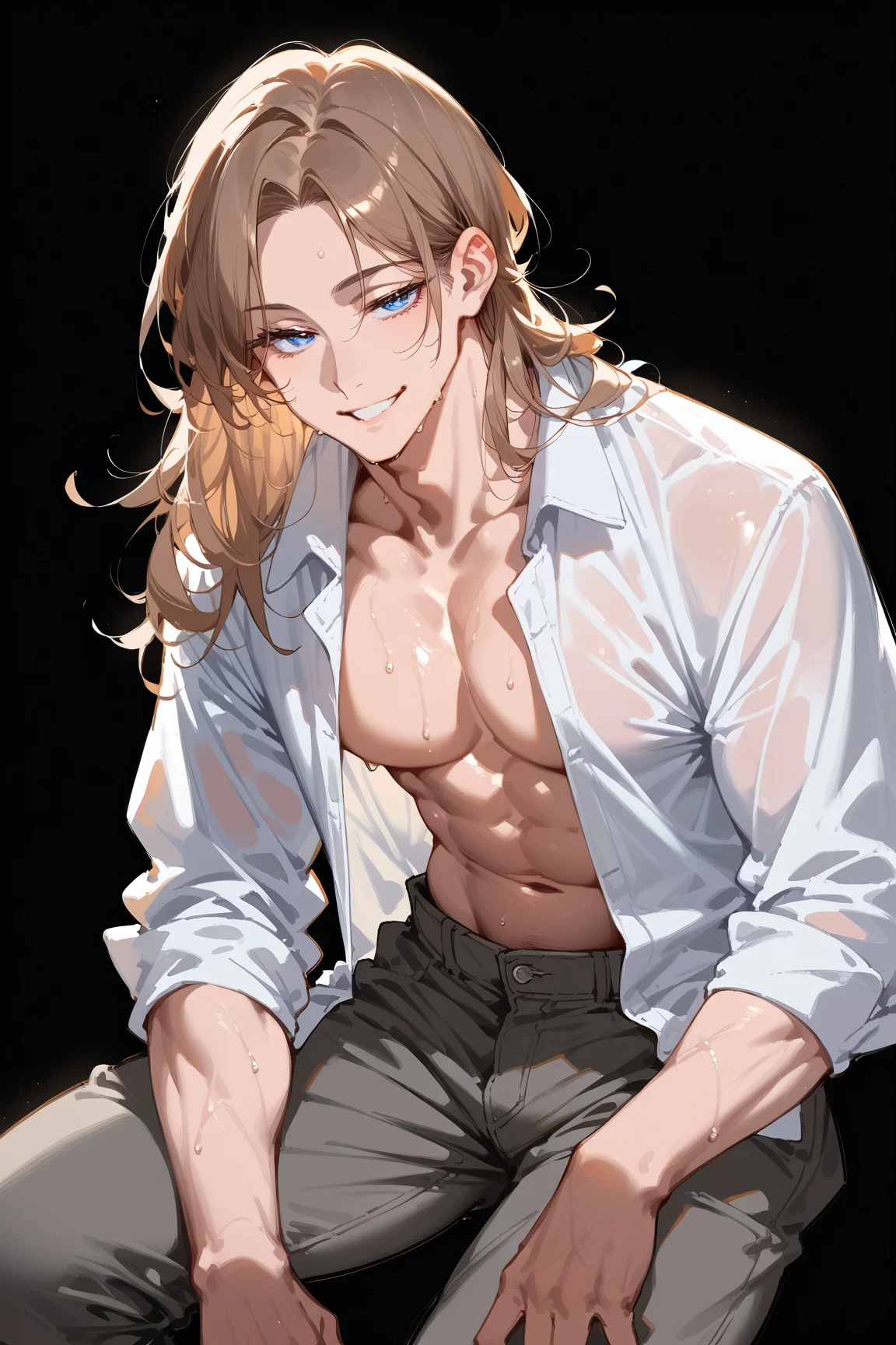 (masterpiece, High resolution, Super detailed:1.0), (1 man, Adult male, 27 years old, Smooth and attractive face), Very tall, just the right amount of muscles, Detailed face, (blonde brown hair, medium long hair, Center-parted bangs), (blue eyes, droopy eyes, long eyelashes), (wearing half-open white shirt, black and gray cotton pants, shows some skin), (sweat, playful, seductive smile: 1.3), ( light black background, front, facing audience), (SuperQuality:1.0)