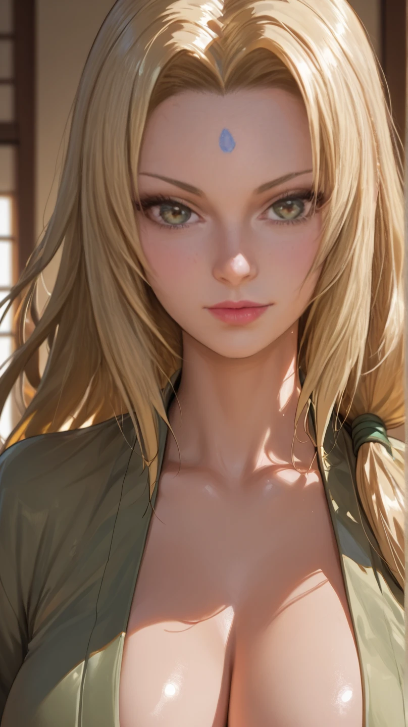 1girl, Solo, Tsunade\(Naruto theme), Green Kimonos clothes, Very Long Hair, Yellow Hair, Brown Eyes, Large Breasts, Looking at viewer, Close-Up, In room background,