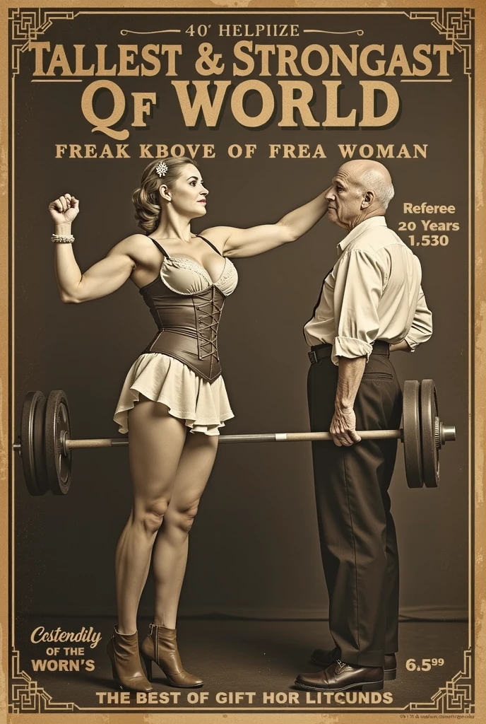 old picture, some grain, create an old poster of victorian circus freak show in sepia advertising the tallest and strongest woman in the world. 1girl, The poster shows a beautiful muscular and tall woman standing by a smaller and weaker 40 year old referee. She shows her strength by lifting a heavy barbell and flexing one bicep. She is wearing a classing sleeveless victorian dress with corset amplifying her sexy breast. She is wearing leather ankle boots and vintage stockings, her pose displays her power over a helpless man