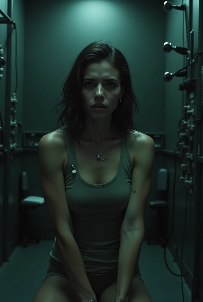 (masterpiece:1.2, best quality, ultra detailed, golden ratio, ultra realistic:1.3), Theatrical lighting:0.7, Photo of a retro-futuristic mercenary woman similar to Revy from Black Lagoon by Rei Hiroe, retrofuturism dressed (Tops, T-Shirts, Tight Shirts, Tight Dresses:1.0), vibrant makeup, pub basement, plants, houseplants, perfect rare face, highly detailed skin, curly dyed long hair, (some cute punk hair clips:1.0), Hide mouth with hands, inked, tattoos, pale shiny skin, thin, large size, Sharp focus on rare face, perfect eyes:1.2, photorealistic, film grain, one foot forward, from below looking up, look at camera, Emphasize shoulders with holster, scabbard, tactical knife, Focus on face, stockings, Scarves, Collars, smile with raised mouth corners, disdainful expression, night lights, instagram style, backlit, outer space, retro tech, cyberpunk, Retrofuturism, 80's perm, foggy, misty, 80's house, muted warm colors, cinematic portrait, vinil dress, neon night lights, tilted:1.3, suburban retrofuturistic, cautious, spotlight, volumetric dust clouds, key light, backlight, soft natural neon lighting, film grain ISO 800, 35 mm lens, RAW f2.8 aperture, analog photography, hdr colors