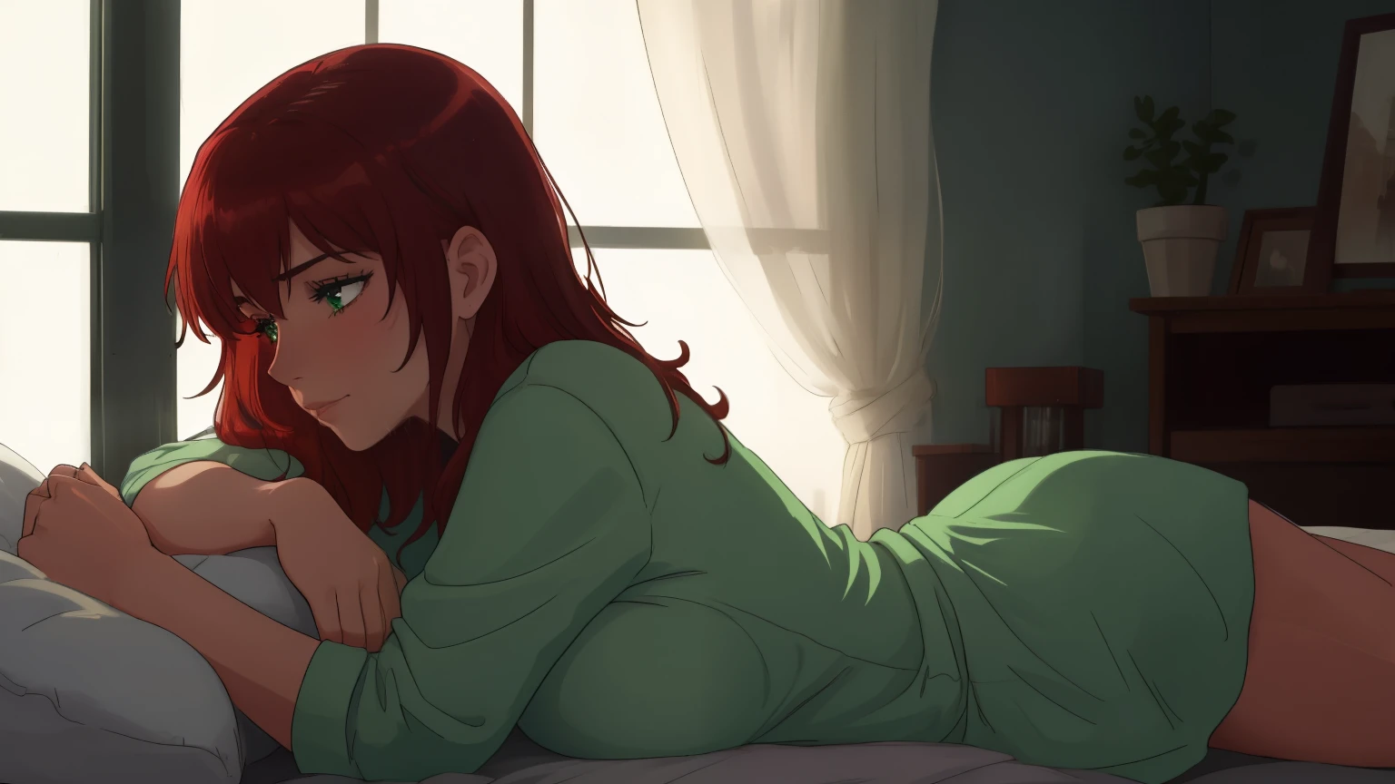 "A cozy and cinematic bedroom with a dark, rainy atmosphere. The room is illuminated by moody neon lights in shades of deep purple and soft green, casting a mysterious and calming glow on the walls. A woman with short auburn red hair is lying on the bed in a prone position, her body relaxed and her head turned slightly to the side as she gazes softly at the large glass window. Outside, heavy rain pours down, with water droplets streaming down the glass. She is dressed in casual, comfortable clothing, blending perfectly with the serene and introspective mood of the scene. A vintage classic TV is playing static or an old movie, adding a nostalgic touch to the dimly lit room. The setting is rich with detail, evoking a sense of solitude, tranquility, and cinematic ambiance."