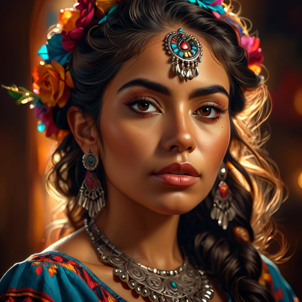 beautiful detailed portrait of a mexican woman, beautiful detailed eyes, beautiful detailed lips, extremely detailed face and features, long eyelashes, intricate hairstyle, ornate jewelry, warm skin tones, ambient studio lighting, cinematic composition, dramatic chiaroscuro, vibrant colors, oil painting, digital art, photorealistic, 8k, highres, best quality, masterpiece, ultra-detailed