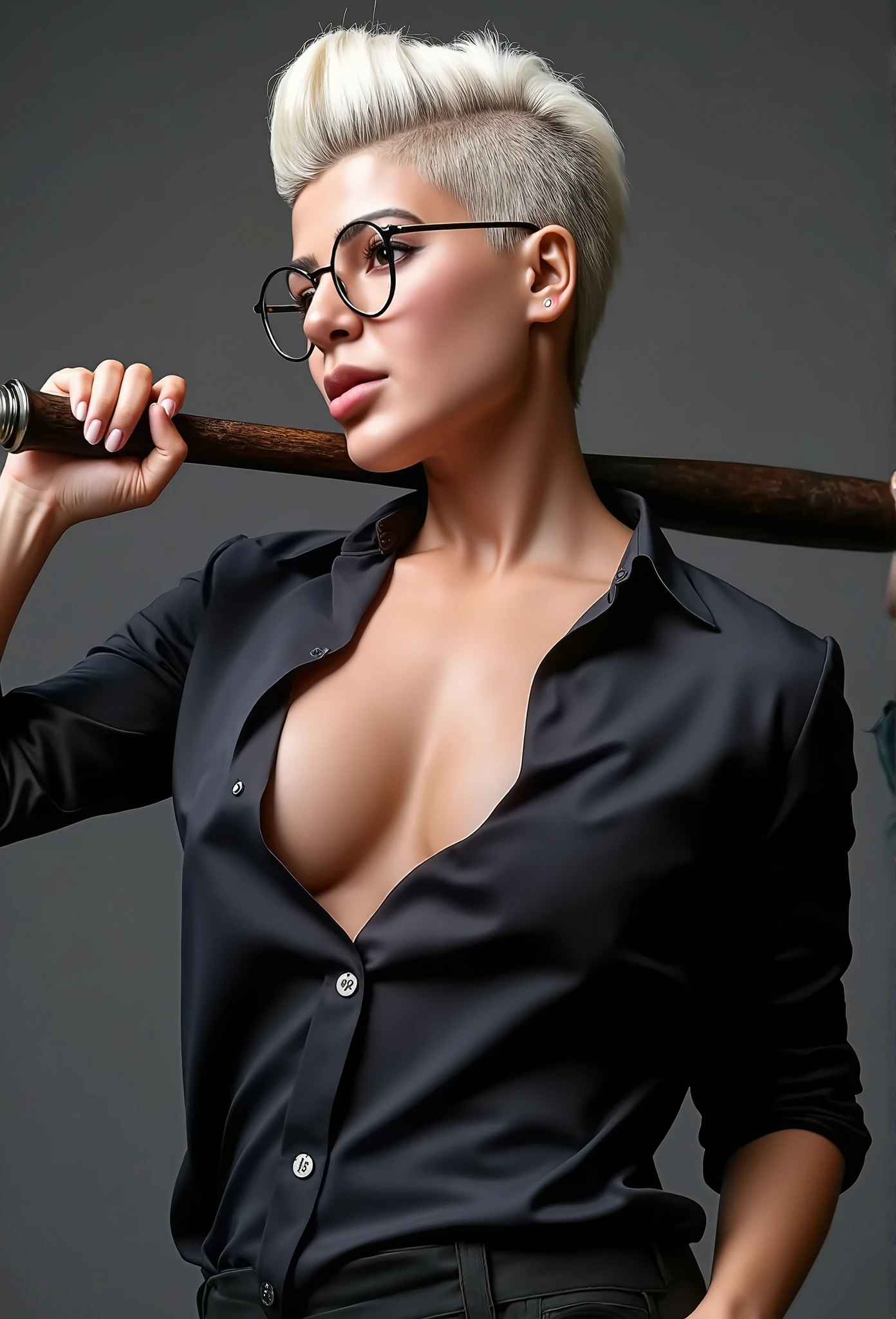 Gorgeous european woman with very short straight hair, short hair, wet hair, hair slicked back, combed straight back, slick hair, streaked caramelblonde hair, seductive, dressed as dr harleen quinzel, glasses, cleavage, solid dark grey background