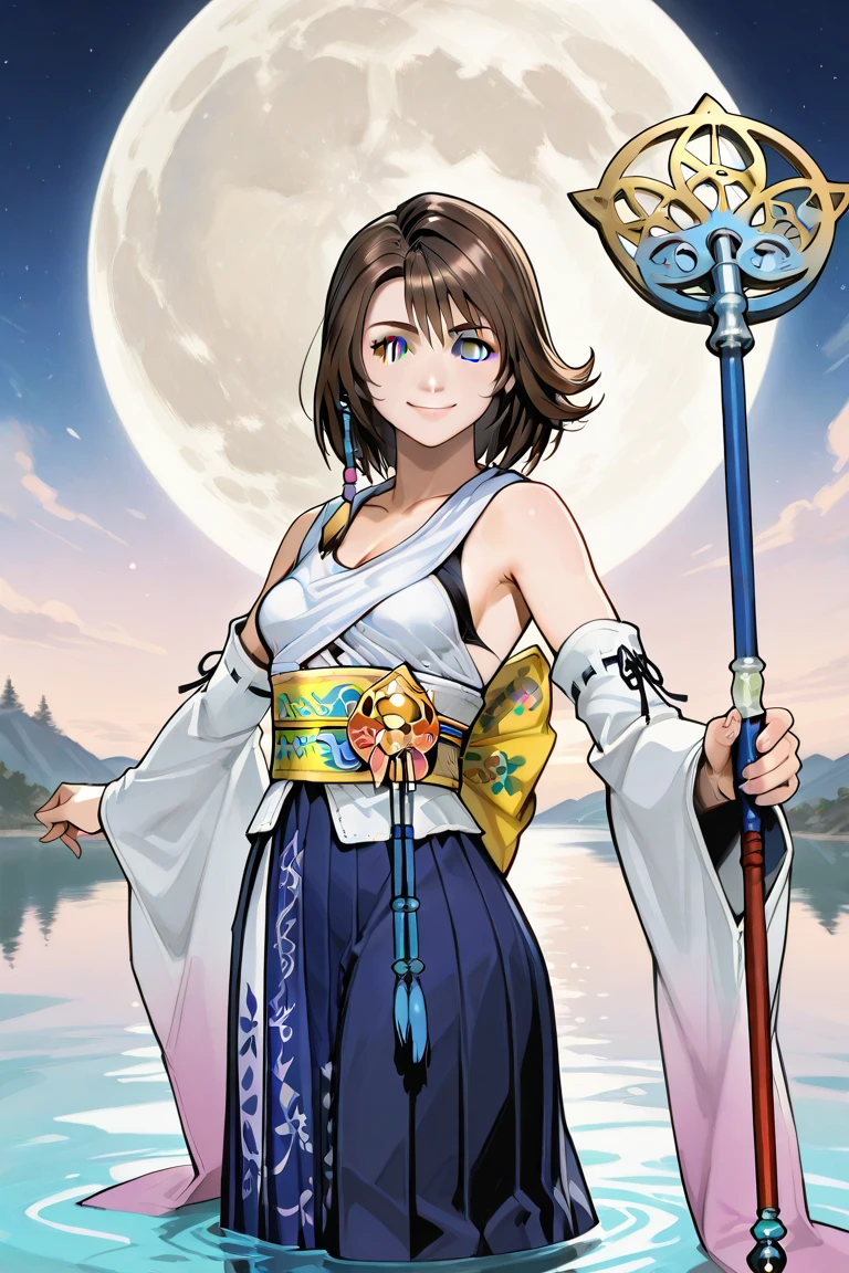 masterpiece, best quality, newest, absurdres, highres, FFXYNDF, brown hair, heterochromia, blue eyes, green eyes, japanese clothes, detached sleeves, wide sleeves, hakama skirt, jewelry, staff, smile, moon, lake, half-submerged, looking at viewer, breasts, holding staff, spread arms