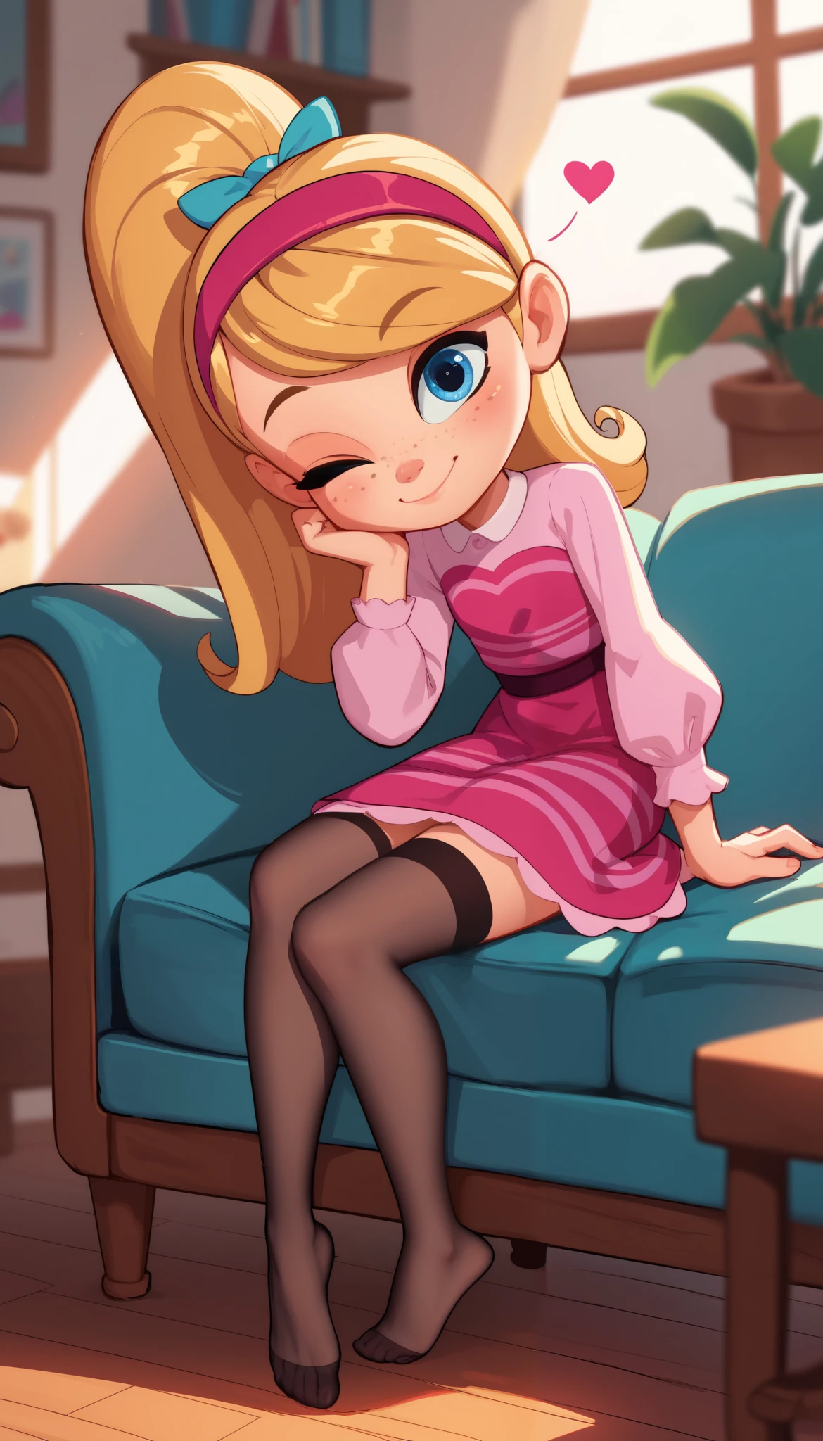 1girl, full body, solo, young girl, 9- , penny peterson, long hair, blue eyes, freckles, blonde hair, skirt, hairband, cyan ribbon, ponytail, black sexy stockings, flirty hips, dress, pink dress, long sleeves, no shoes, score_9, score_8_up, score_7_up, score_6_up, score_5_up, sitting, sofa, leaning forward, indoors, smile, cute smile, closed mouth, heart-warming, one eye closed, looking at viewer, soft lighting,