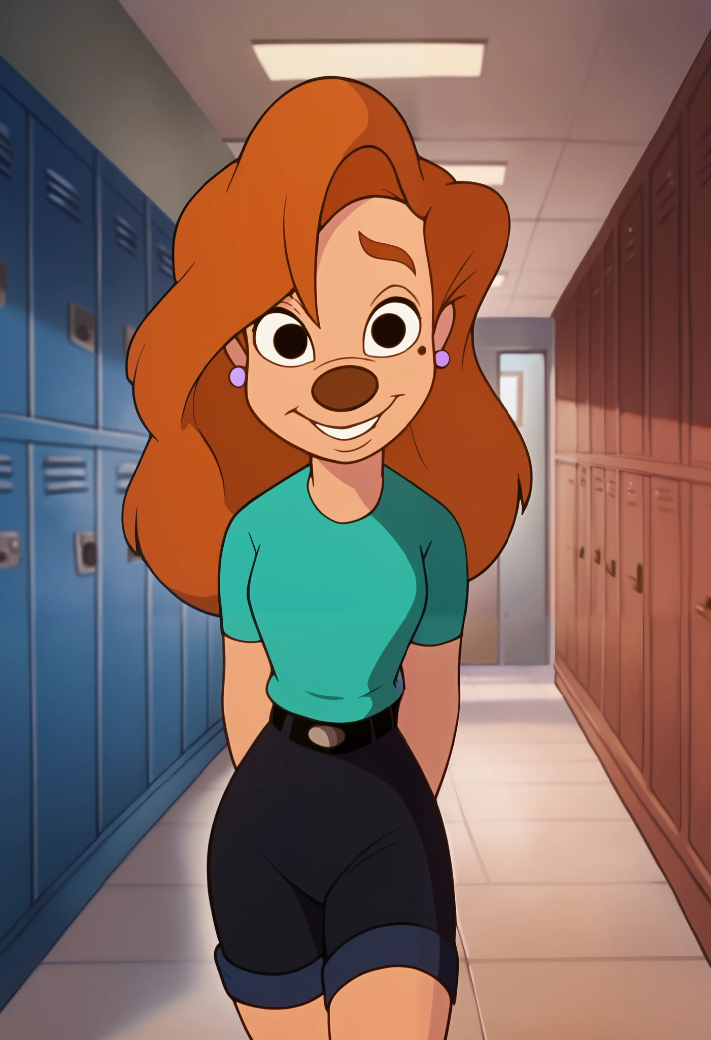 roxanne, 1girl, brown hair, long hair, solo, earrings, black eyes, green shirt, short sleeves, smile, furry female, shorts, belt,, score_9, score_8_up, score_7_up, score_6_up, score_5_up, score_4_up, looking at viewer,  hallway, locker, arms behind back, shy,