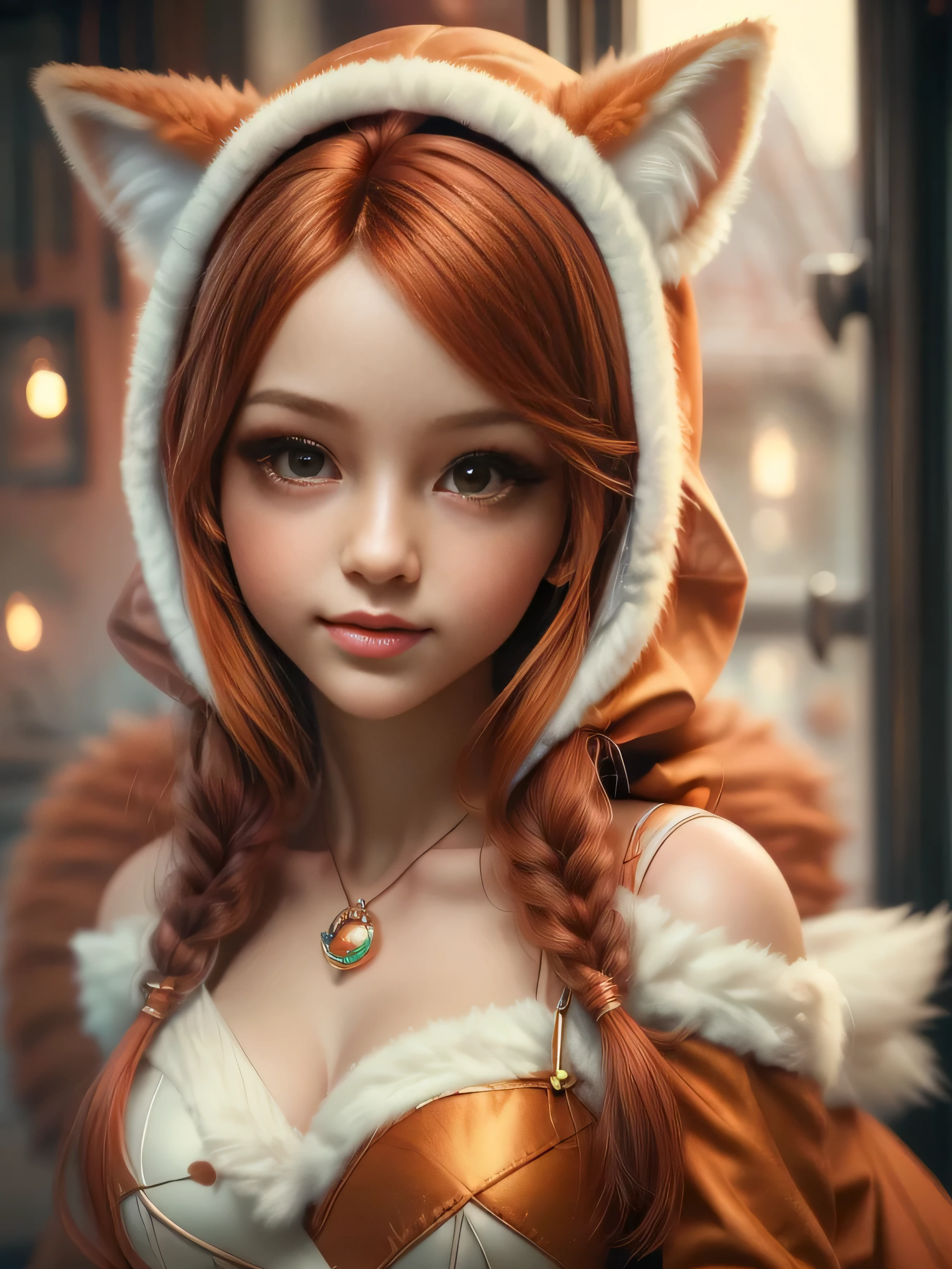 (Best Quality, Super Detail, Masterpiece, Representative Work, Official Art, Professional, Super Fine Detail, 8k:1.3), (Full Body) a doll with red hair and a fox ears, portrait of a goth foxgirl, dollpunk, artdoll, [ trending on cgsociety ]!!, beautiful young foxgirl, wlop loish and clamp style, cgsociety ), cgsociety - w 1 0 2 4 - n 8 - i, cgsociety 9, bjd,  cgsociety, Cute girly face, red hair, ((brown)) eyes, 1 girl 25 years old, fox costume, hood, fox tail, furry, girl in furry costume, Vivid colors, Red hair, Innocent expression, Playful features, Christmas background, Natural Lighting, Soft background, Photorealistic, Sparkling eyes, Sharp focus, Glowing skin, Cute and mischievous look, Hint of mischief, Dreamy atmosphere, Delicate details, Soft ambient light, (Backlight:1.3), (Cinematic:1.2), Intricate details, (ArtStation:1.3)