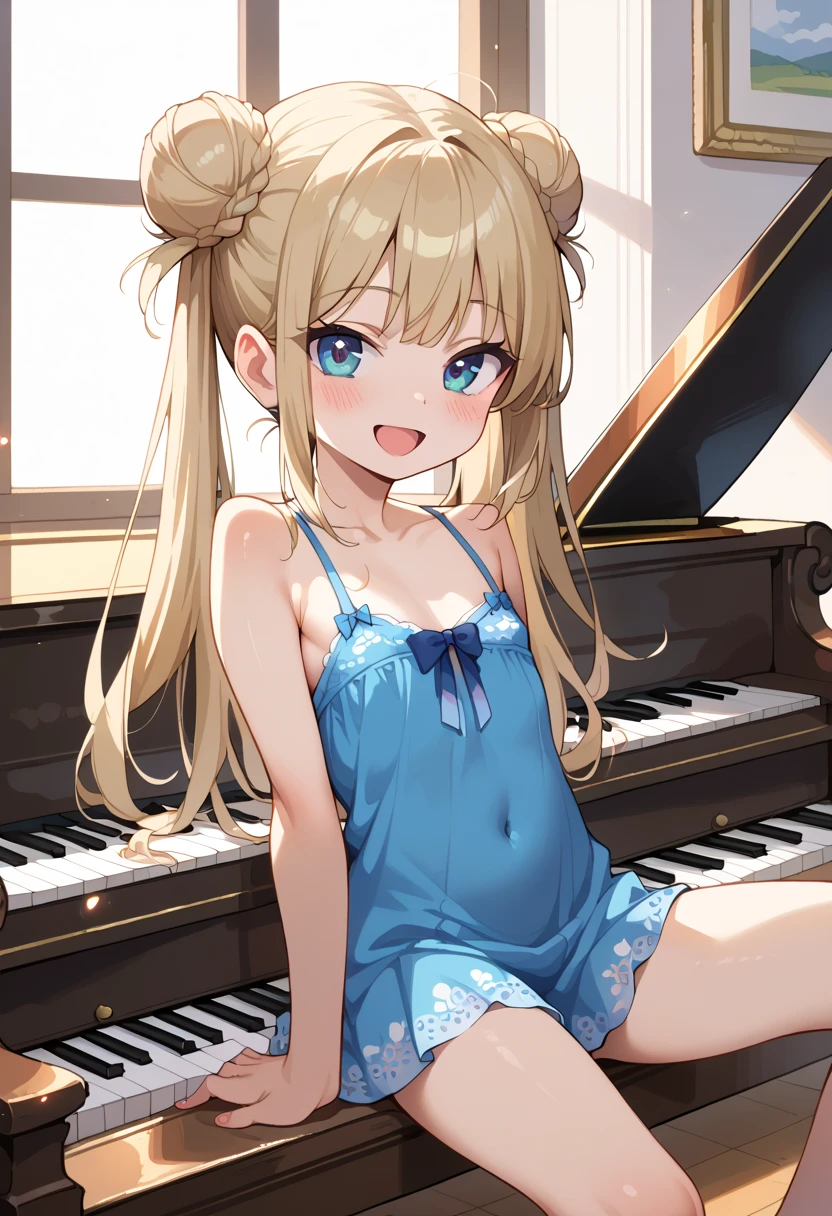 (( top quality )), ((masterpiece)), (be familiar with), perfect face, indoor, bedroom, Watching viewers,
One woman, I was,
 open mouth,  ecstatic expression beside the piano, blush, smile,
 small tits,  flat chest, Young girl, Lori,  s,  girl,
 long hair,  twin bun hair ,
Leg spread,