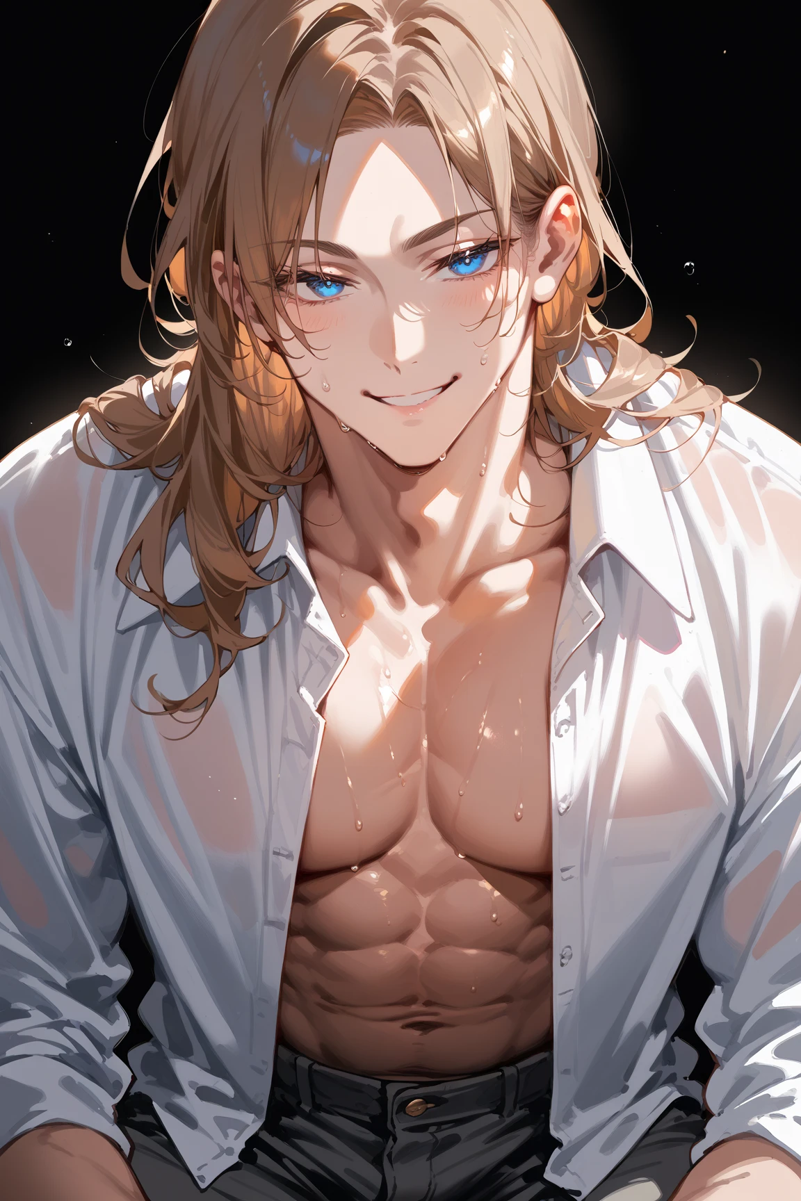 (masterpiece, High resolution, Super detailed:1.0), (1 man, Adult male, 27 years old, Smooth and attractive face), Very tall, just the right amount of muscles, Detailed face, (blonde brown hair, medium long hair, Center-parted bangs), (blue eyes, droopy eyes, long eyelashes), (wearing half-open white shirt, black and gray cotton pants, shows some skin), (sweat, playful, seductive smile: 1.3), ( light black background, front, facing audience), (SuperQuality:1.0)