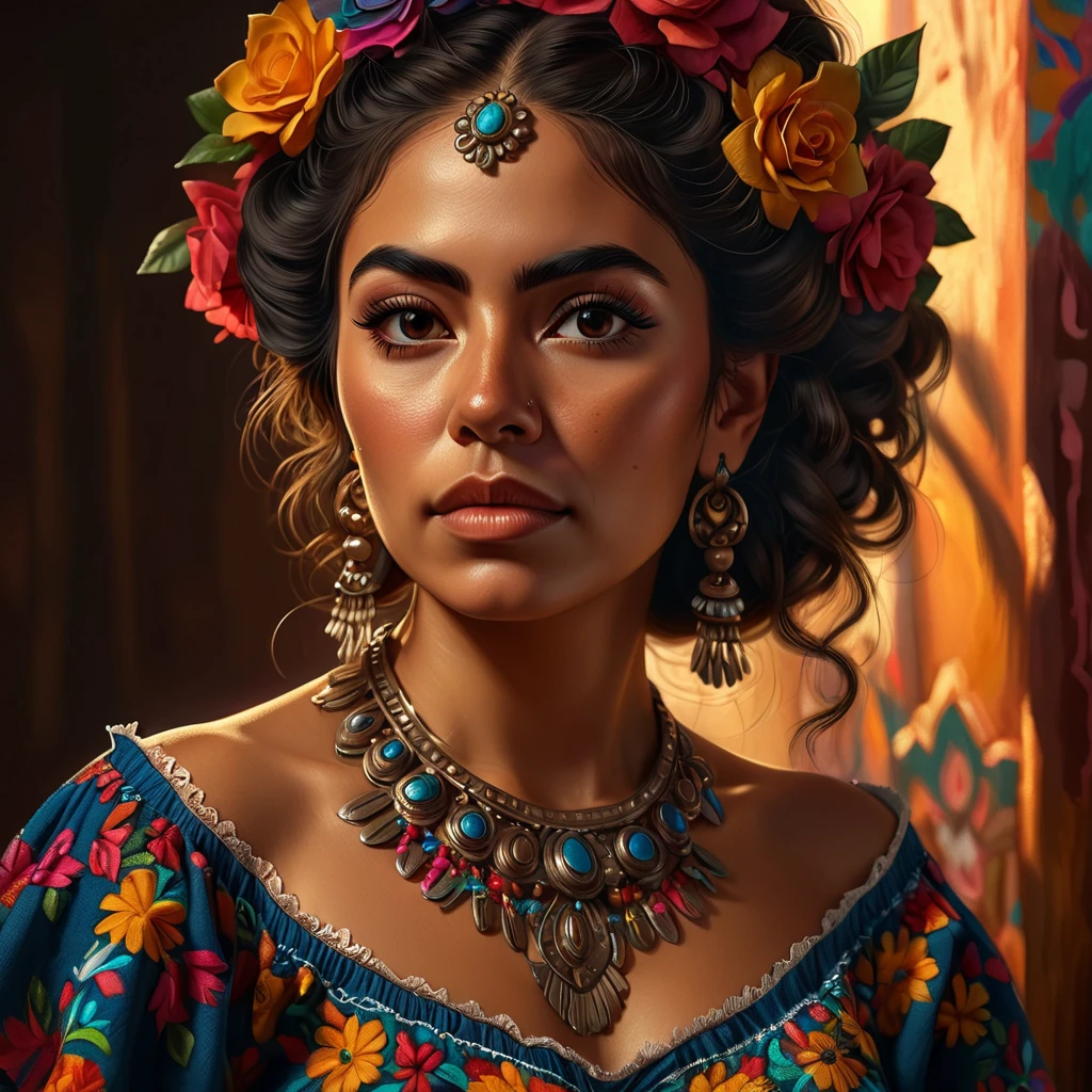 beautiful detailed portrait of a mexican woman, full body, beautiful details, beautiful detailed body, extremely detailed features, long eyelashes, intricate hairstyle, ornate jewelry, warm skin tones, ambient studio lighting, cinematic composition, dramatic chiaroscuro, vibrant colors, oil painting, digital art, photorealistic, 8k, highres, best quality, masterpiece, ultra-detailed, mountains in the background