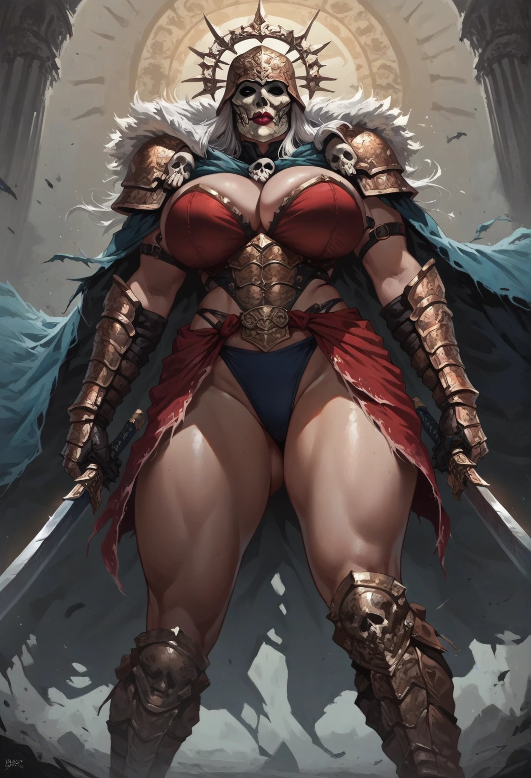 (((Massive, beautiful, light brown skinned, buff, muscular woman with white hair, black lipstick, ginormous bulky muscles and wearing a mechanized red riding hood cosplay with a beautiful long skirt))), {close view}, massive muscles, massive biceps, hyper muscle shoulders, vascular shoulders, hyper muscle triceps, (long straight hair), blue eyes, red hood cosplay, corset, long beautiful skirt, chain belt, choker, thigh high heels, (in a forest), fingerless gloves, closed smile, night, hyper vascular arm, hyper muscles arms, hyper muscle legs, massive arms.