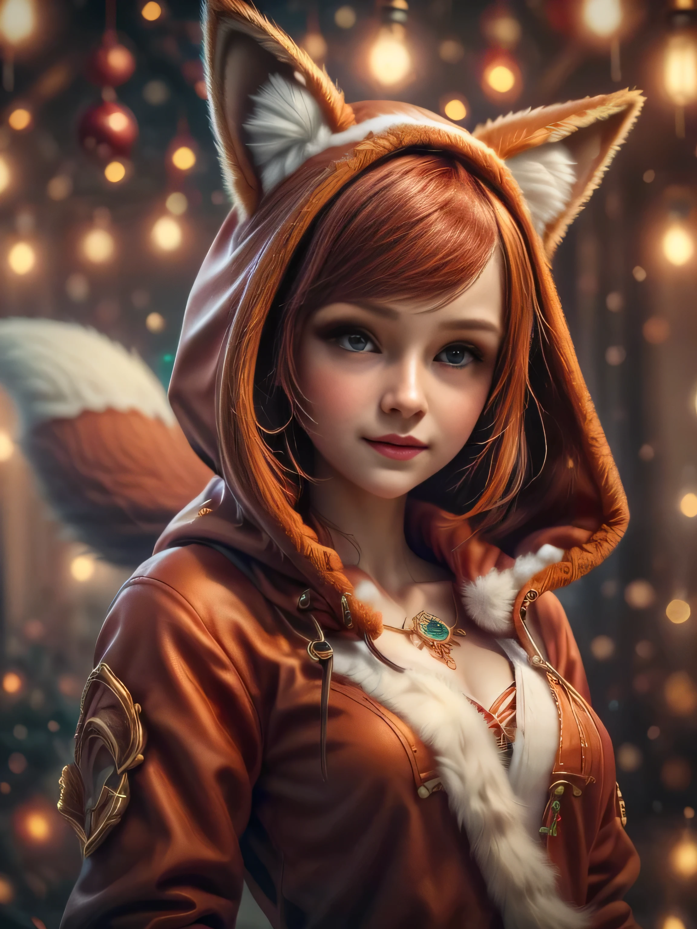 (Best Quality, Super Detail, Masterpiece, Representative Work, Official Art, Professional, Super Fine Detail, 8k:1.3), (Full Body) a doll with red hair and a fox ears, portrait of a goth foxgirl, dollpunk, artdoll, [ trending on cgsociety ]!!, beautiful young foxgirl, wlop loish and clamp style, cgsociety ), cgsociety - w 1 0 2 4 - n 8 - i, cgsociety 9, bjd, cgsociety, Cute girly face, red hair, ((brown)) eyes, 1 girl 25 years old, fox costume, hood, fox tail, furry, girl in furry costume, Vivid colors, Red hair, Innocent expression, Playful features, Christmas background, Natural Lighting, Soft background, Photorealistic, Sparkling eyes, Sharp focus, Glowing skin, Cute and mischievous look, Hint of mischief, Dreamy atmosphere, Delicate details, Soft ambient light, (Backlight:1.3), (Cinematic:1.2), Intricate details, (ArtStation:1.3)