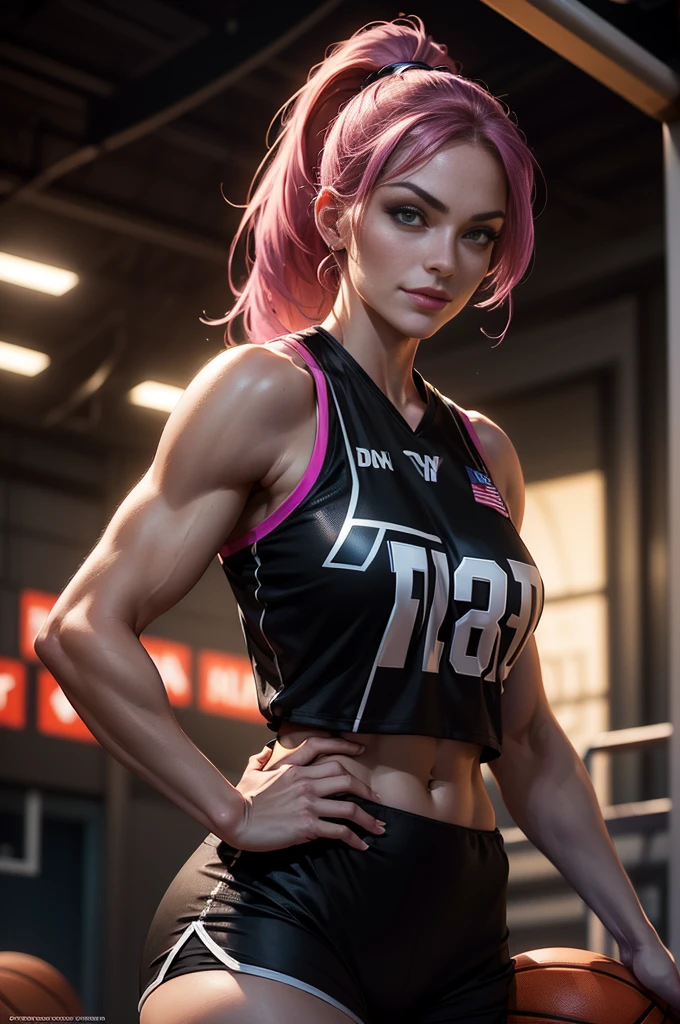 Intense close-up portrait of a sportswoman, standing on a soccer field, gearingly preparing to begin her game. Her hair, a vibrant shade of rose, cascades down in luscious waves, adding a pop of color against the green grass. In her ultra-realistic 1:2 human scale within the image, she exudes a confident and powerful presence, her toned physique and focused eyes a testament to her strength and determination – a pink-haired bombshell ready to dominate the field. (Waiting to start)