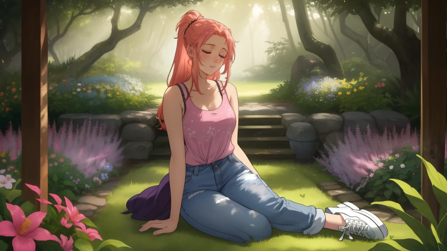 "A wide-angle, top-down view of a young woman peacefully sleeping in the middle of a lush and vibrant flower garden surrounded by numerous tall, leafy trees. The garden bursts with colors—pinks, purples, yellows, and whites—that stretch endlessly, creating a magical and serene atmosphere. The woman lies relaxed in the center, her blonde-red hair tied back, dressed in a pink tank top, long denim jeans, and white sneakers, with a plaid flannel shirt tied casually around her waist. Sunlight filters through the dense tree canopy, casting dappled light and soft shadows across the flowers and her tranquil figure. The expansive view captures the harmony of the enchanting garden and the peaceful shelter of the surrounding forest, evoking a sense of wonder and calm."
