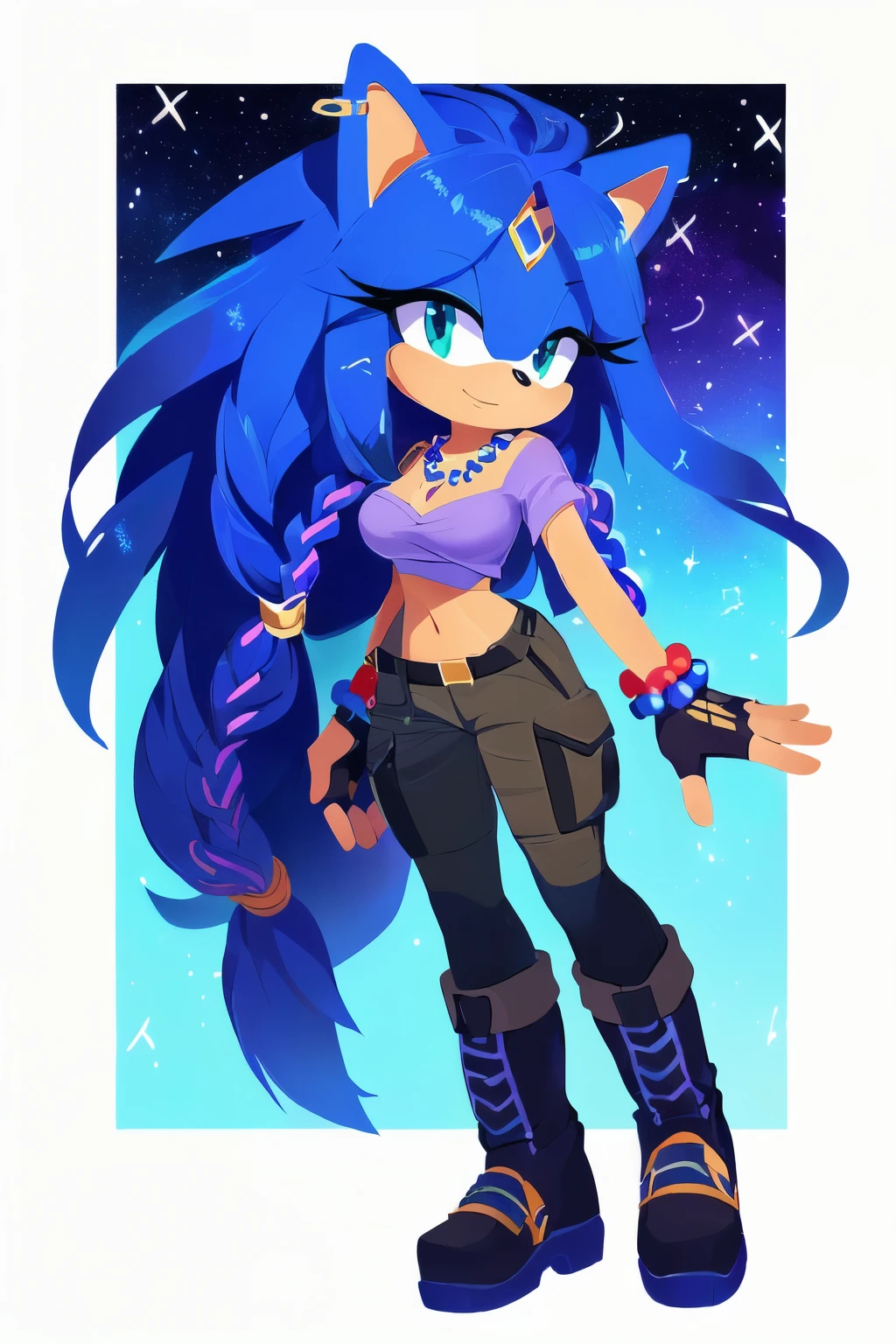 Sonic oc, Mobian, female, sonic the hedgehog but female, Cosmic hedgehog, A beautiful light blue hedgehog, purplish blue eyes, very long hair/quills, braided and beaded long hair bangs, long streaks of hair on each side of her face, (star constellation on hair, beads on hair, smooth fur, slim thick hourglass body, slim fit, wearing a grey baggy shirt, cargo pants, boots, fingerless gloves, beaded hair and rings on hair flowing hair,