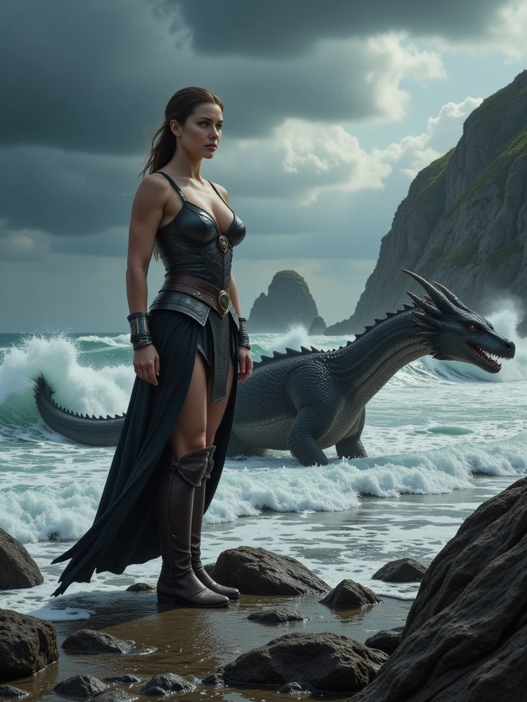 Dark fantasy,  mad max's furiosa sits on huge dragon, low angle shot, flowing cape, heroic pose, cinematic lighting, fantasy landscape, moody cloudy sky, epic fantasy scene
