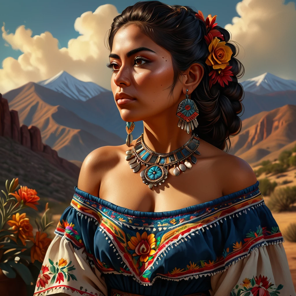 beautiful detailed, full body portrait of a mexican woman, full body, beautiful details, beautiful detailed body, extremely detailed features, long eyelashes, intricate hairstyle, ornate jewelry, warm skin tones, ambient studio lighting, cinematic composition, dramatic chiaroscuro, vibrant colors, oil painting, digital art, photorealistic, 8k, highres, best quality, masterpiece, ultra-detailed, mountains in the background