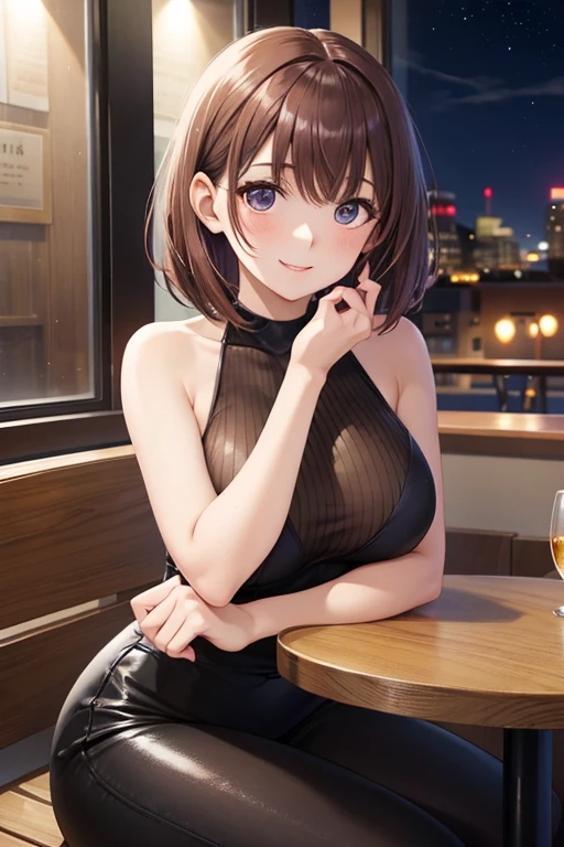 anegasaki nene、 shiny maroon hair,  short hair, ( brown pretty eyes 、 sparkling eyes , Fine grain)、smile、 super detailed eyes、 very detailed face,  very detailed eyes,cowboy shot、



 girl ,  girl , 薄い  girl , 18 years old, オフショRダードレス、Bare shoulders ,  sexy, smile,  happy , night, City lights,  skinny,R,    restaurant ,  sitting across from me, date, first date,  close 