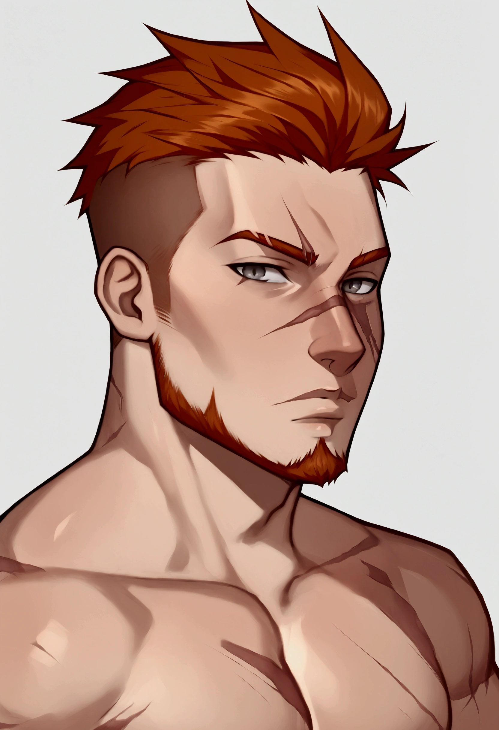 1 man, a ginger haired, short hair , gray eyes, scar on nose , facial hair, shirtless, portrait, handsome, masculine