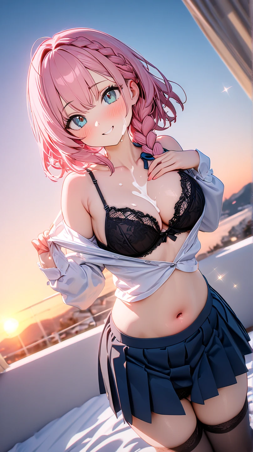 Masterpiece、最high quality、high quality、High definition、High resolution、High detail、Lens flare、Ray tracing method、high qualityの質感、high qualityの影、Beautiful details、Detailed explanation、Detailed texture、Realistic facial expression、Realistic and colorful、Delicate、Cinematic Light、Side light、Sharp Focus、(1 Girl:1.3)、(Intricate detailakeup、Pure Eros Face_v1:0.5)、(Details Beautiful delicate face、Detailed beautiful delicate eyes、Perfect Facial Proportions、Detailed skin、Charm)、fancy hairstyles、Beautiful bangs、(Two-tone gradient hair color)、slender、(Upturned beautiful breasts)、Raise your arm and make a peace sign、(Detailed crotch、Open crotch、Showing off your crotch)、squat、Female juice、(Experiencing the best orgasm)、(Spread your knees and open your legs)、Light-colored mini bra、String Bra、Light-colored V-cut、Light-colored thong、Thigh mini skirt、Low-rise mini skirt、Front-button shirt、Crop top、See-through、Low-angle composition、School building、(Take a deep breath、Work on this image step by step)