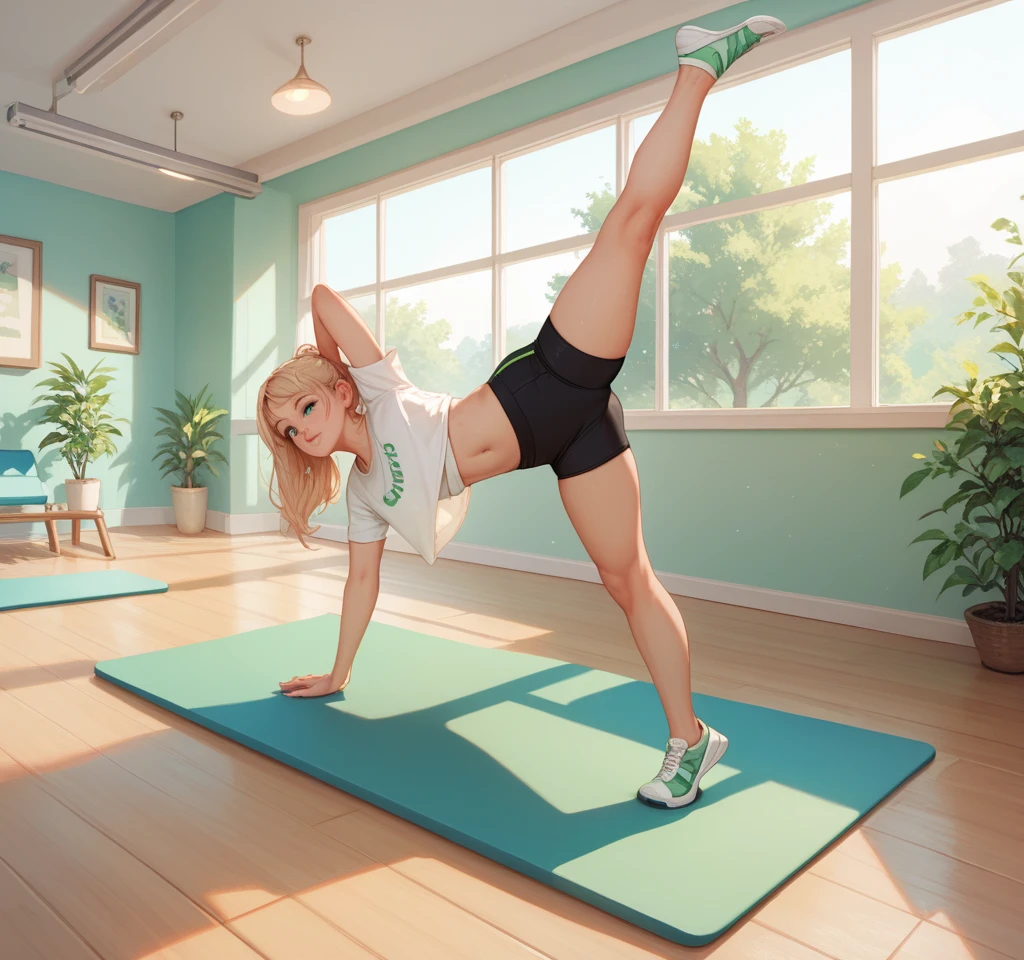 A woman who has just finished exercising sits on the floor and wipes her sweat with a towel,On the ground were skipping ropes and dumbbells