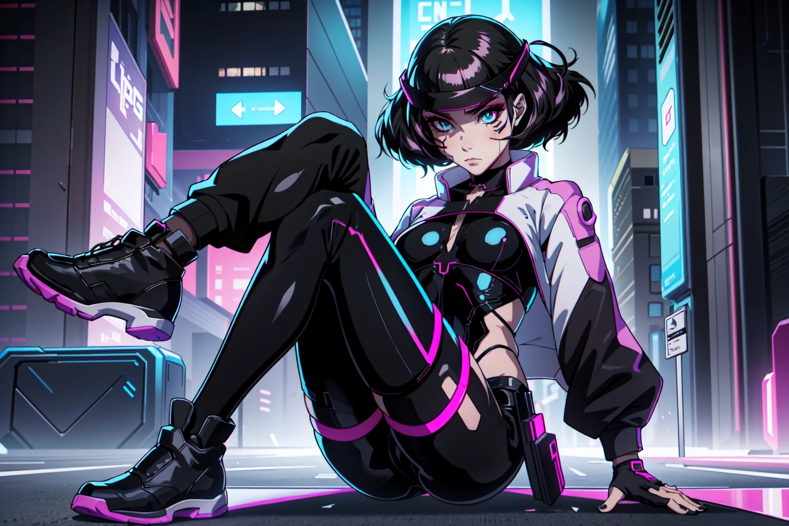 Create an illustration of Sasha from Cyberpunk: Edgerunners. She is a young netrunner with a slender and agile physique, reflecting her hacker lifestyle. Her hair is short, (black hair), messy, and brightly colored, often with neon highlights like electric blue or vibrant pink. Her (blue eyes) have a sharp, tech-enhanced glow, hinting at cybernetic implants. Sasha wears a sleek, tactical bodysuit designed for mobility and stealth, primarily in shades of black and dark gray, accented with neon lines that pulse softly with her netrunning activity. She also sports a high-tech visor or goggles over her eyes, loaded with digital HUD displays. Her gloves are fingerless, exposing cybernetic fingertips perfect for interfacing with technology. Completing her look are combat boots and a utility belt filled with small hacking tools and gadgets. The overall vibe is a mix of futuristic hacker aesthetic and street-smart edge, blending style and functionality. crawling on the floor, with pink shoes,