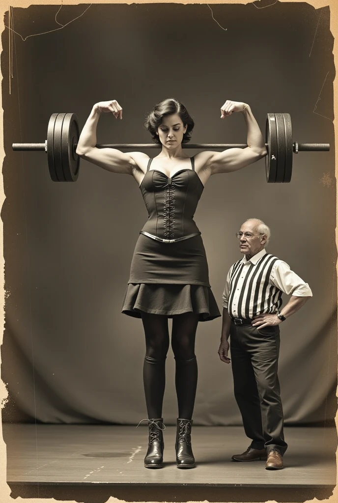 old picture, some grain, create an old poster of victorian circus freak show in sepia advertising the tallest and strongest woman in the world. 1girl, The poster shows a beautiful muscular and tall woman standing by a smaller and weaker 40 year old referee on side. She shows her strength by lifting a heavy barbell and flexing one bicep. She is wearing a classing sleeveless victorian dress with corset amplifying her sexy breast. She is wearing leather ankle boots and vintage stockings, her pose displays her power over a helpless man