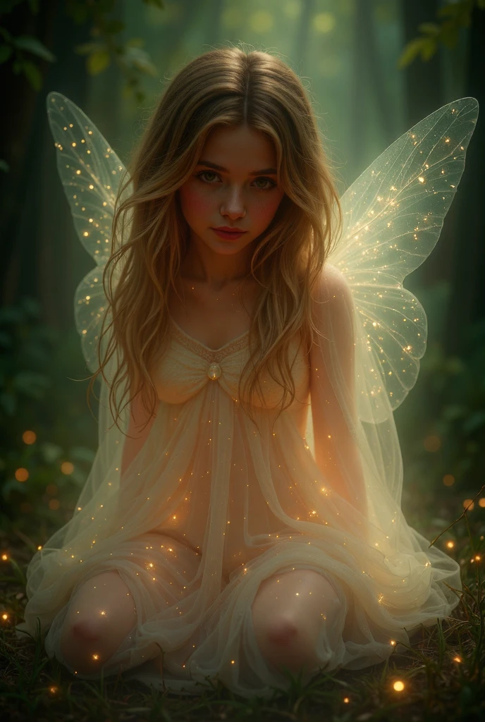  A detailed fairy girl with delicate wings ,   transparent wings that rest gracefully on the ground  . She has a lot of time,  wavy hair,   and its ethereal beauty is enhanced by soft  , bright light.   The background presents a magical forest with twinkling lights and foliage.. The fairy wears a brilliant  ,  semi-transparent dress,  creating a mystical and enchanting atmosphere . The overall scene is serene and otherworldly ,   that capture the enchanting essence of a fairy in a magical forest  ,  realistic , photo realistic ,  RAW photo,